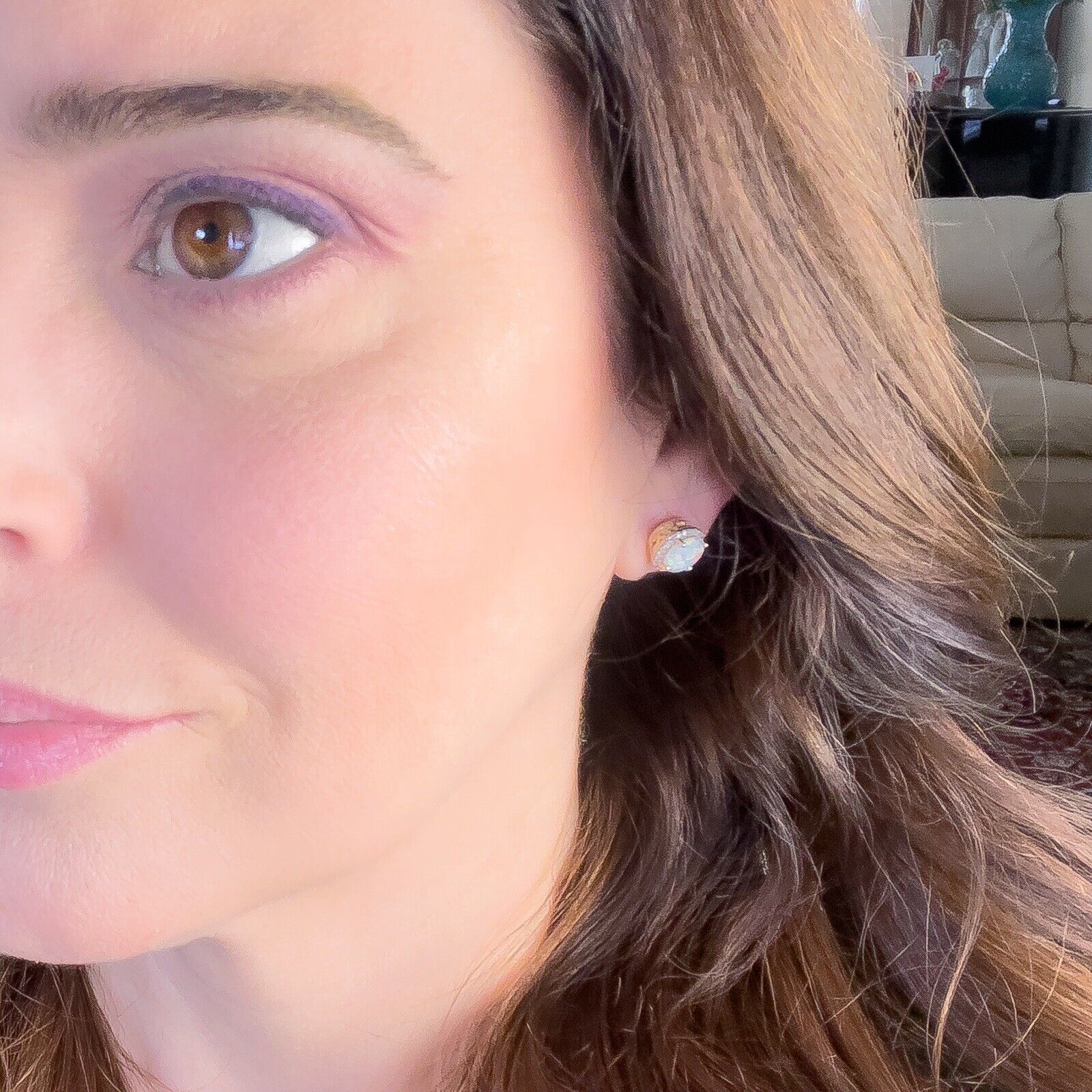 Solid 10k Yellow Gold Lab-Created Opals & Genuine Diamond Stud Earrings, New