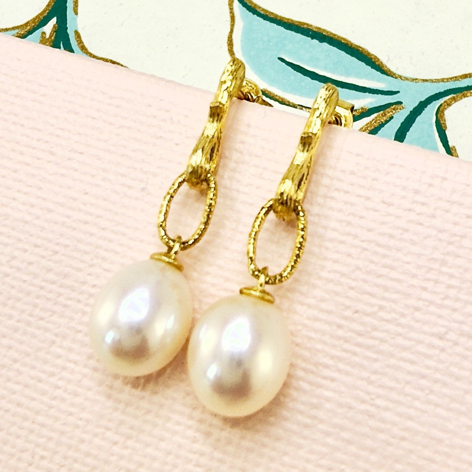 14k Yellow Gold Genuine Pearl Dangle Modernist Earrings, New