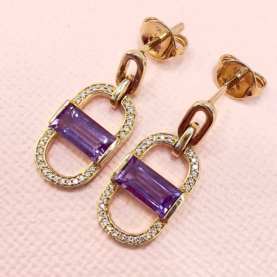 14k Yelow Gold Genuine Amethyst & Diamond Monernist Dangle Earrings, New