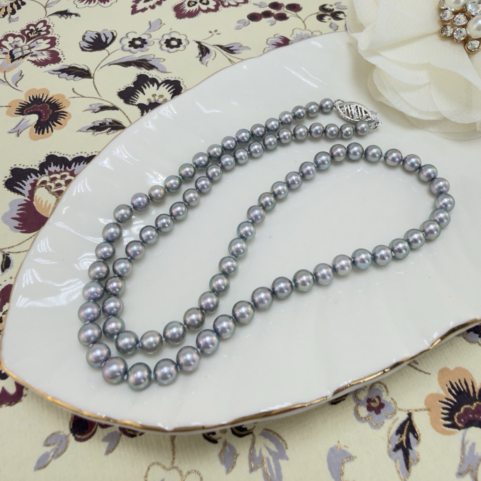 14k White Gold Akoya Silver Pearl (4-4.5mm) Necklace, Newly Handcrafted 15.5"