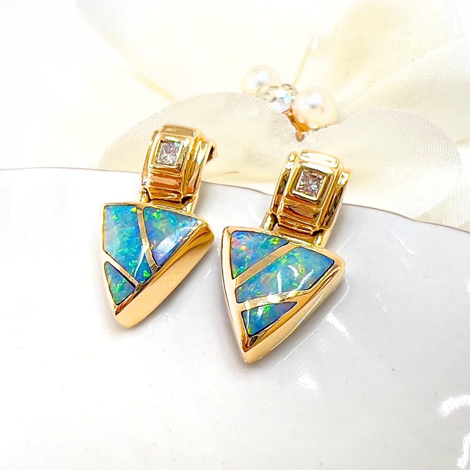 14k Yellow Gold Genuine Opal Inlay & Diamond Dangle Earrings