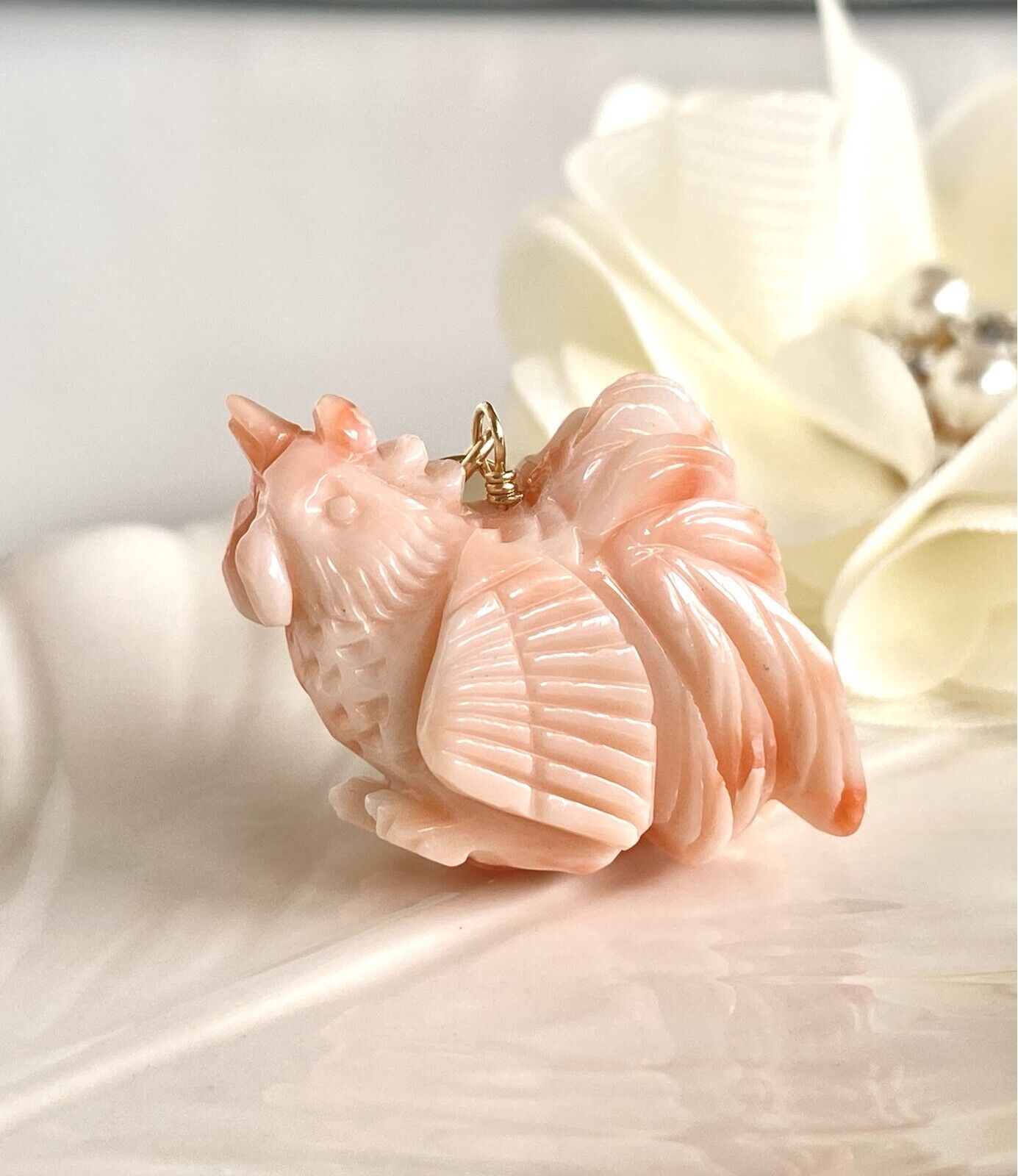 No Dye Salmon Coral Rooster (Asian Zodiac) 14k Yellow Gold Pendant/Necklace, New