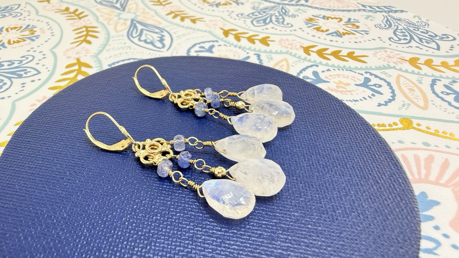 14k Yellow Gold Genuine Rainbow Moonstone and Sapphire Chandelier Earrings,