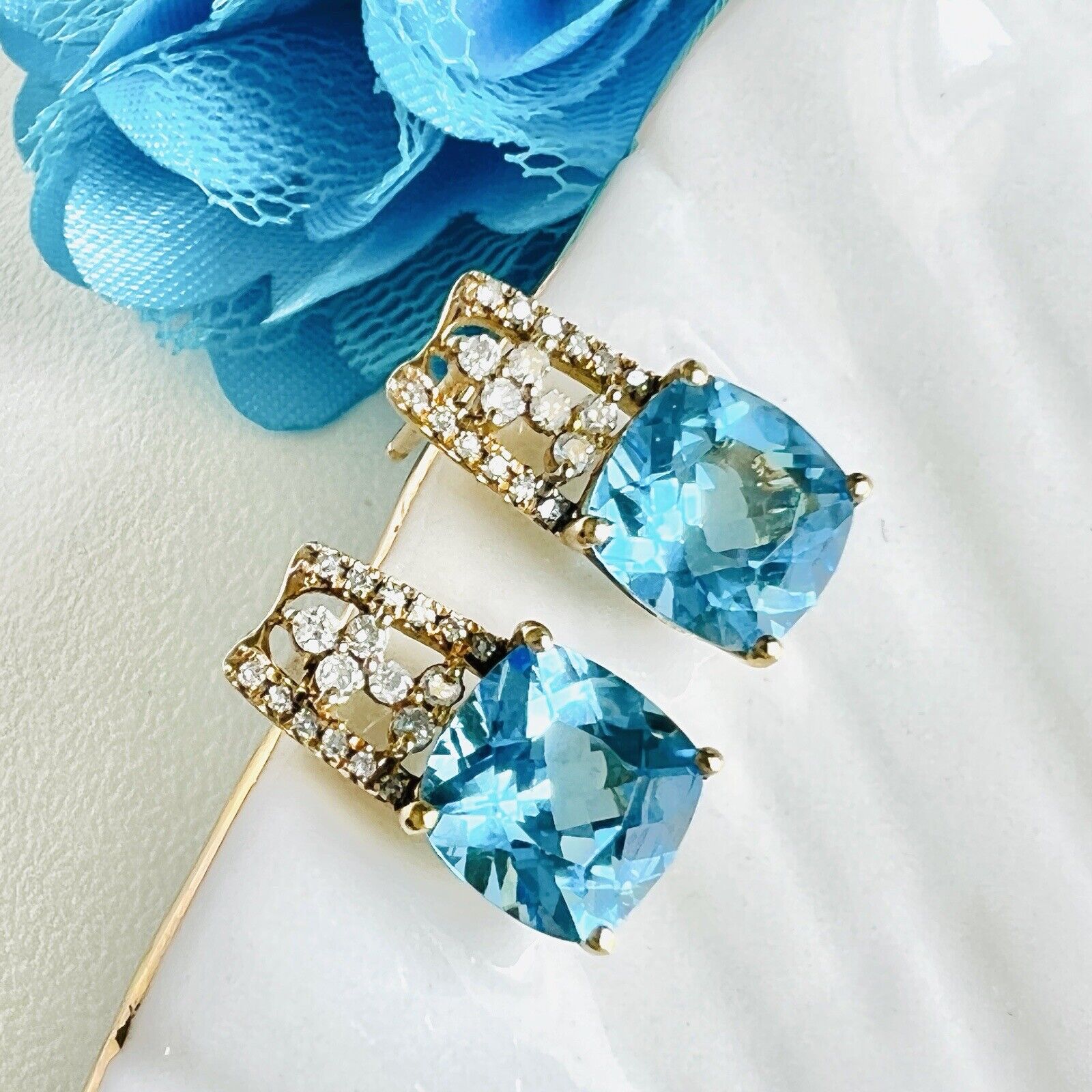 Solid 10k Yellow Gold Genuine Blue Topaz & Diamond Stud Earrings, New