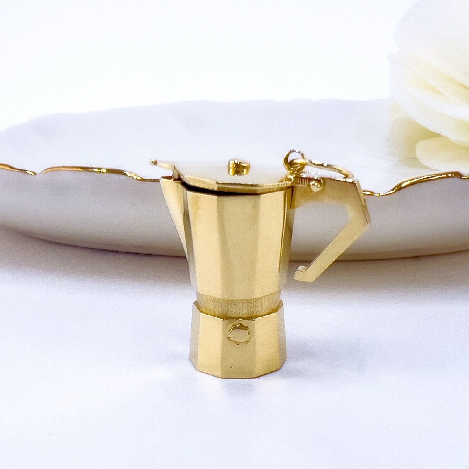 14K Yellow Gold 3D Italian Espresso Coffee Pot/ Cafetera Cubana, New, Large