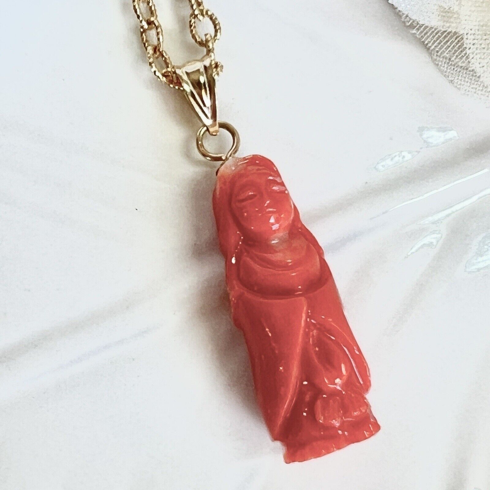 Natural Dark Salmon Guanyin (13.6ct) Solid 14k Yellow Gold Pedant, New