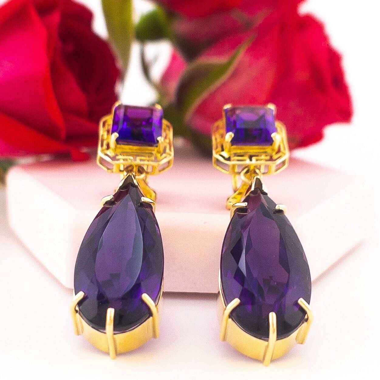 Solid 14k Yellow Gold Genuine Amethyst Omega-Back Dangle/Drop Earrings, 1.8"