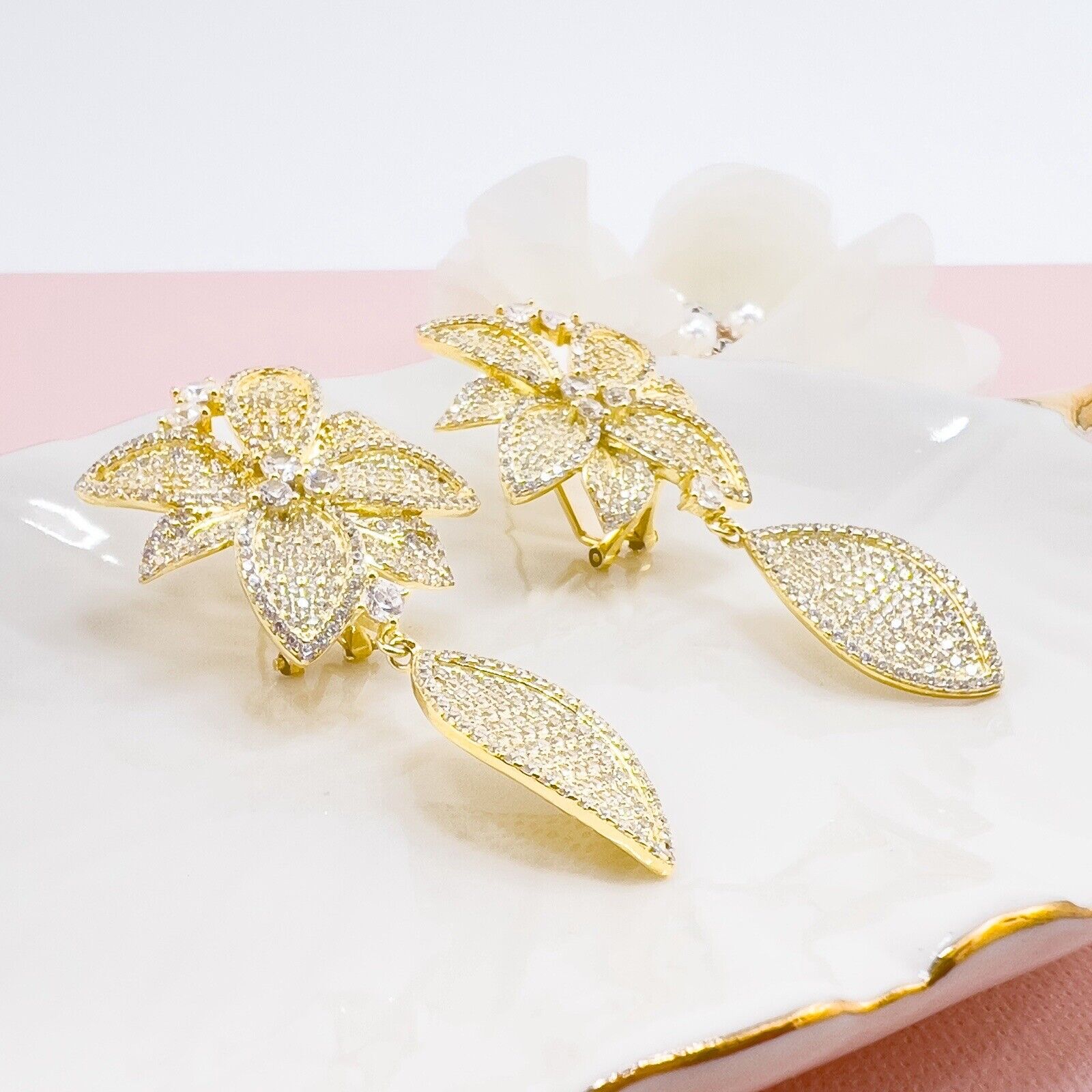 Sterling Silver Vermeil  Flower Cubic Zirconia Dangle/Drop Earrings, New 2.2"