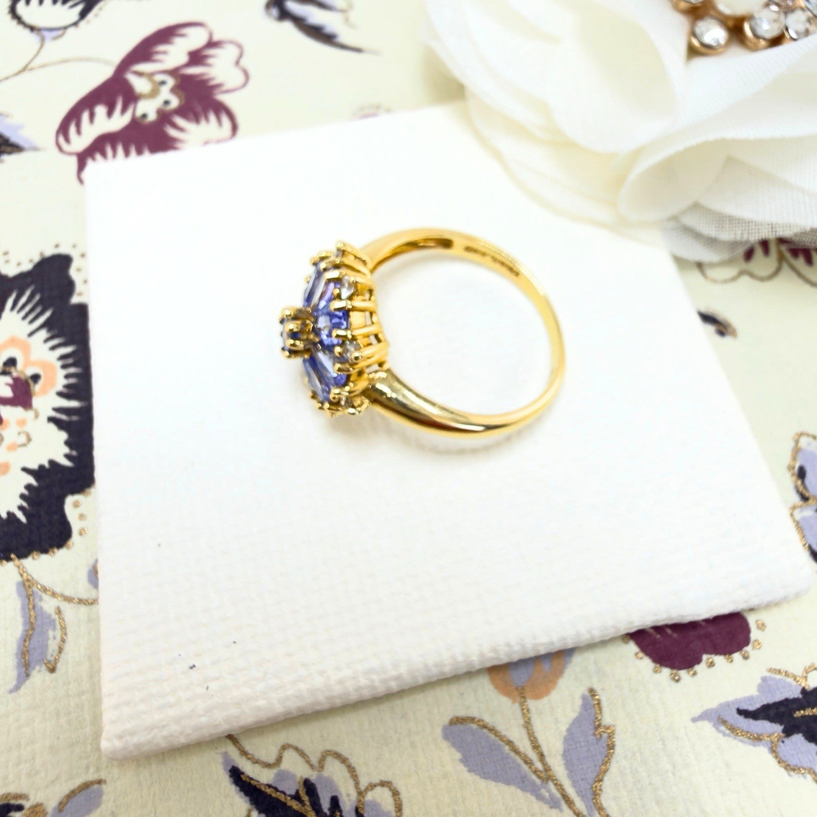 14k Yellow Gold Tanzanite &Diamond Rosette Ring, Size 6