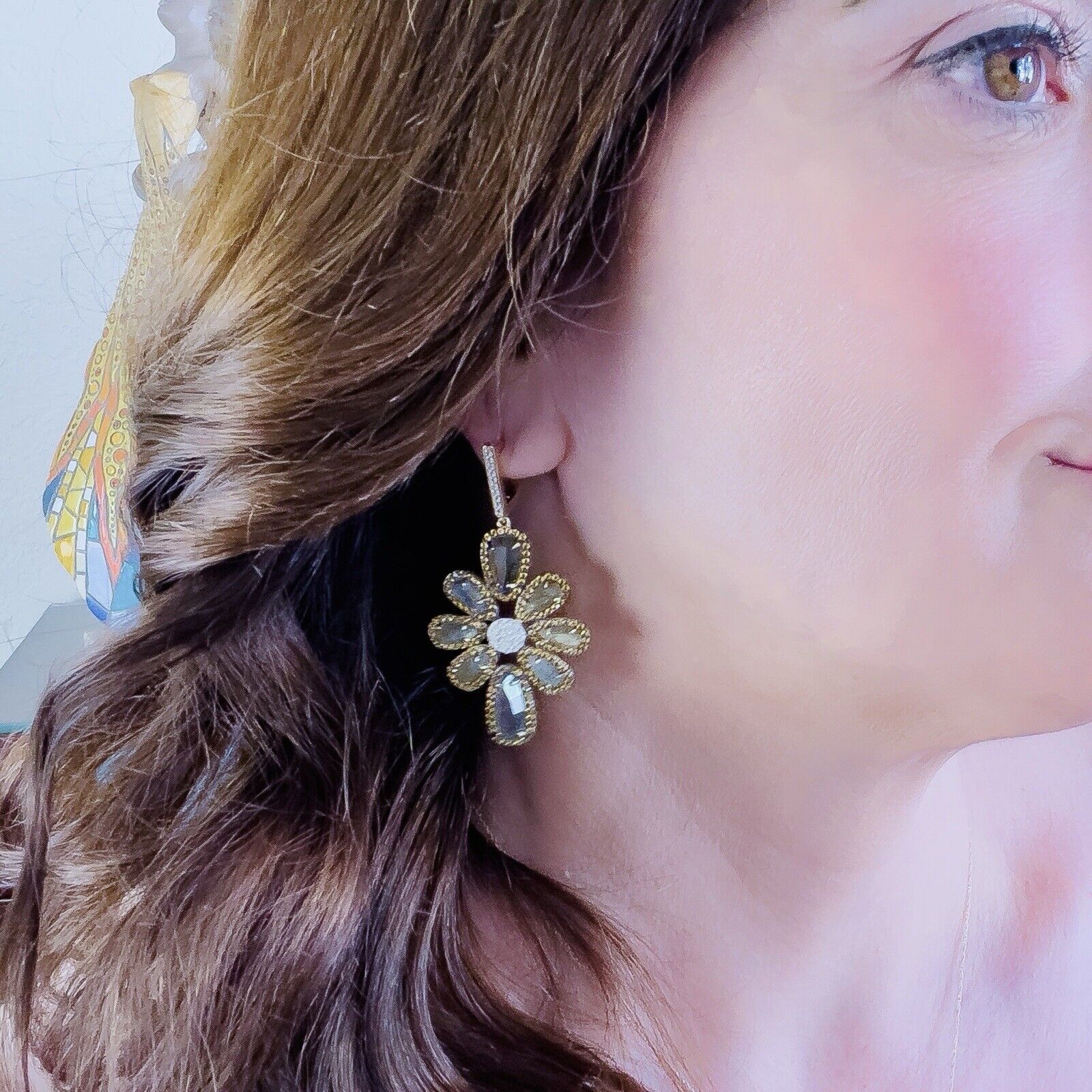 Genuine Labradorite Citrine & Cz Sterling Silver Vermeil Statement Earrings, New