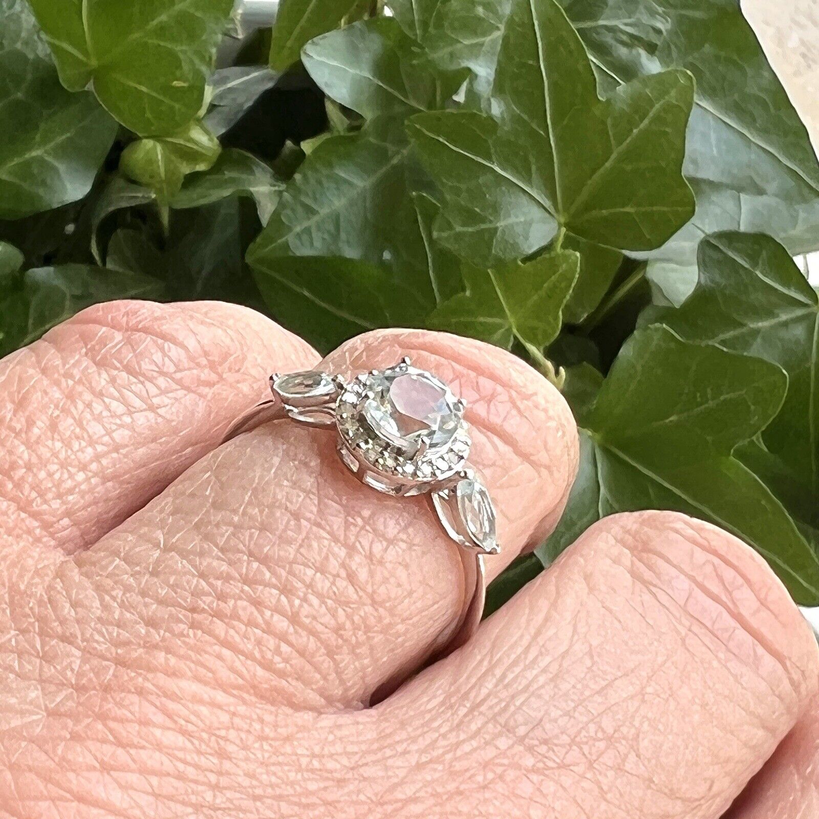 Solid 14k White Gold Genuine Aquamarine & Diamond Halo Ring, New, Size 8