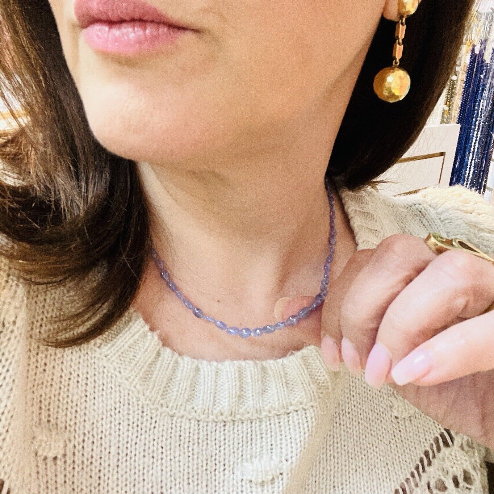 Natural Tanzanite 14k Yellow Gold Beaded Necklace, New 18"