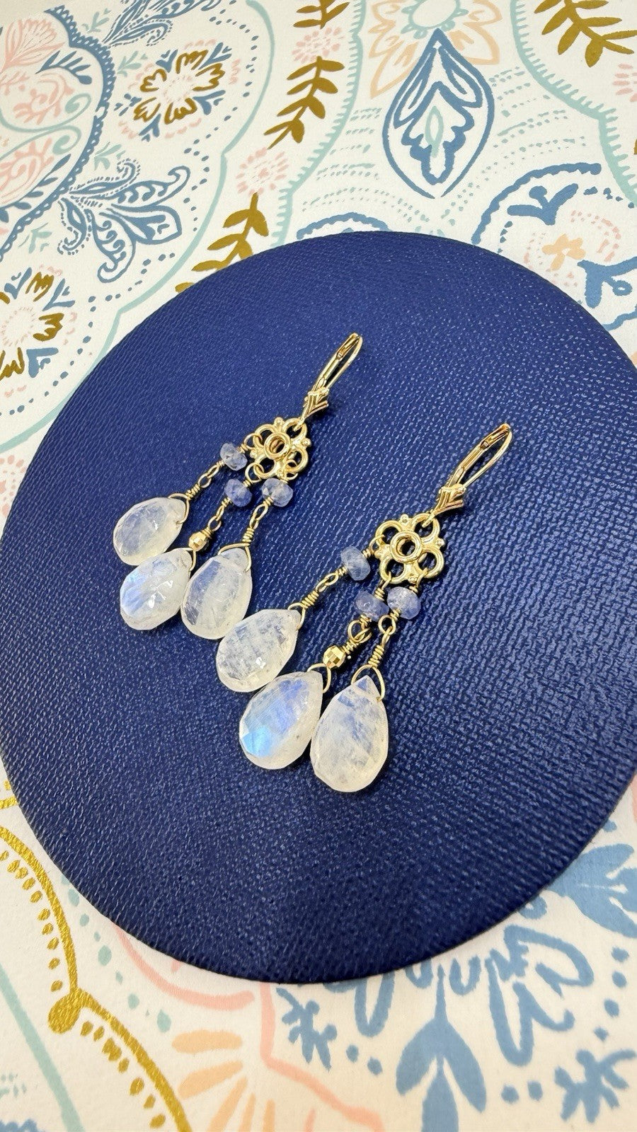 14k Yellow Gold Genuine Rainbow Moonstone and Sapphire Chandelier Earrings,