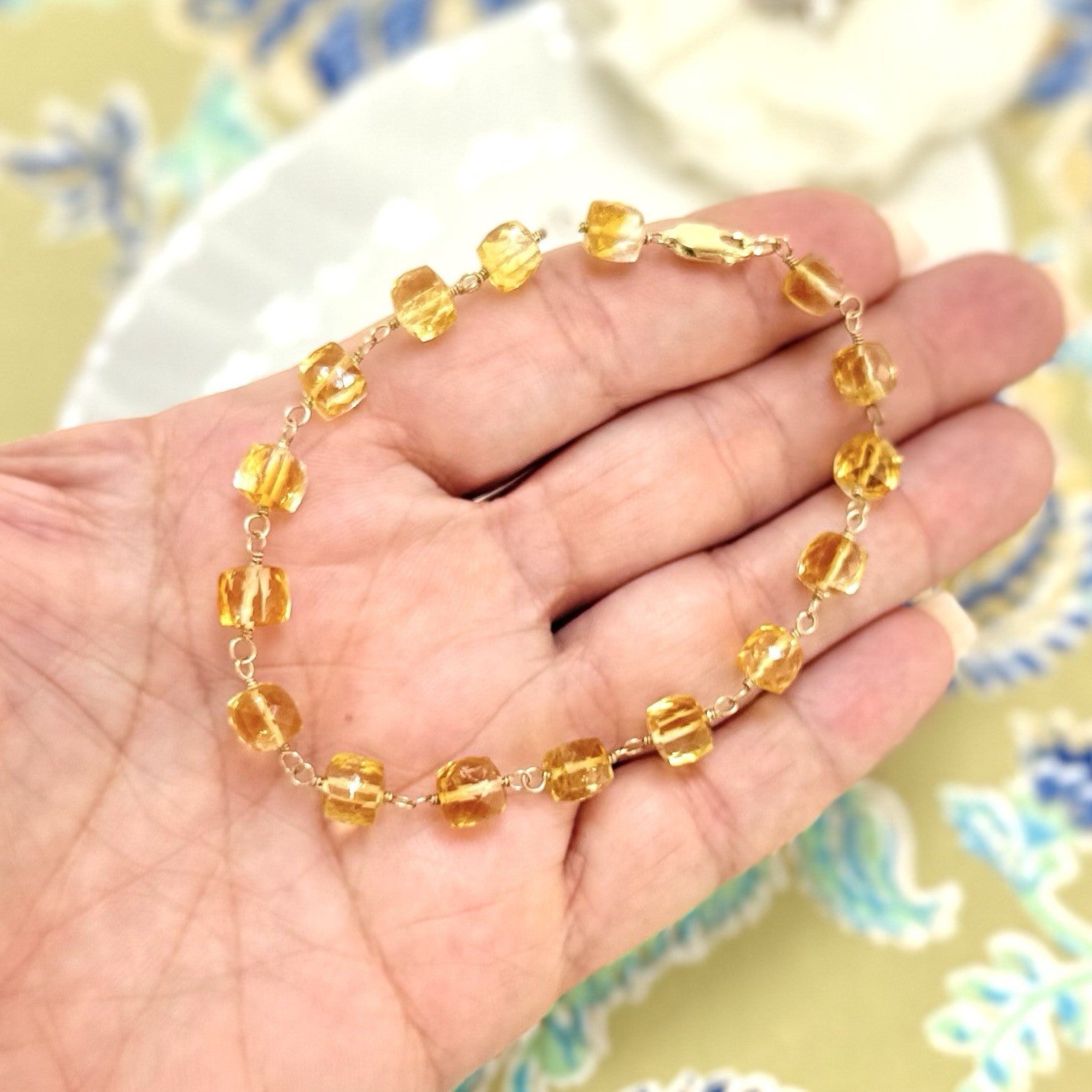 14k Yellow Gold Genuine Citrine Cube Handcrafted Bracelet, 8.25"
