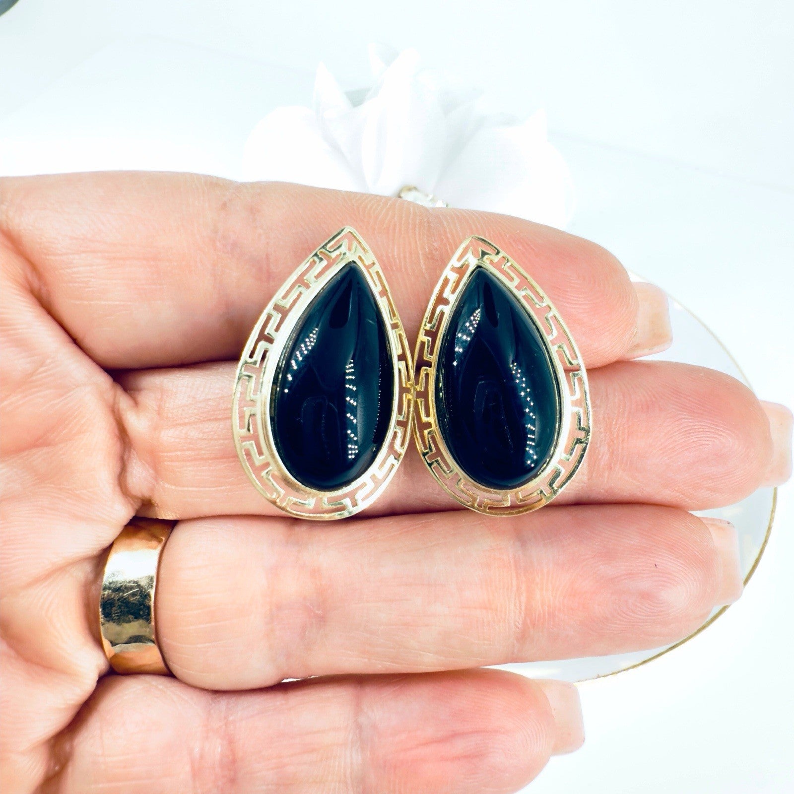 14k Yellow Gold Black Onyx Omega Back Earrings, Preowned