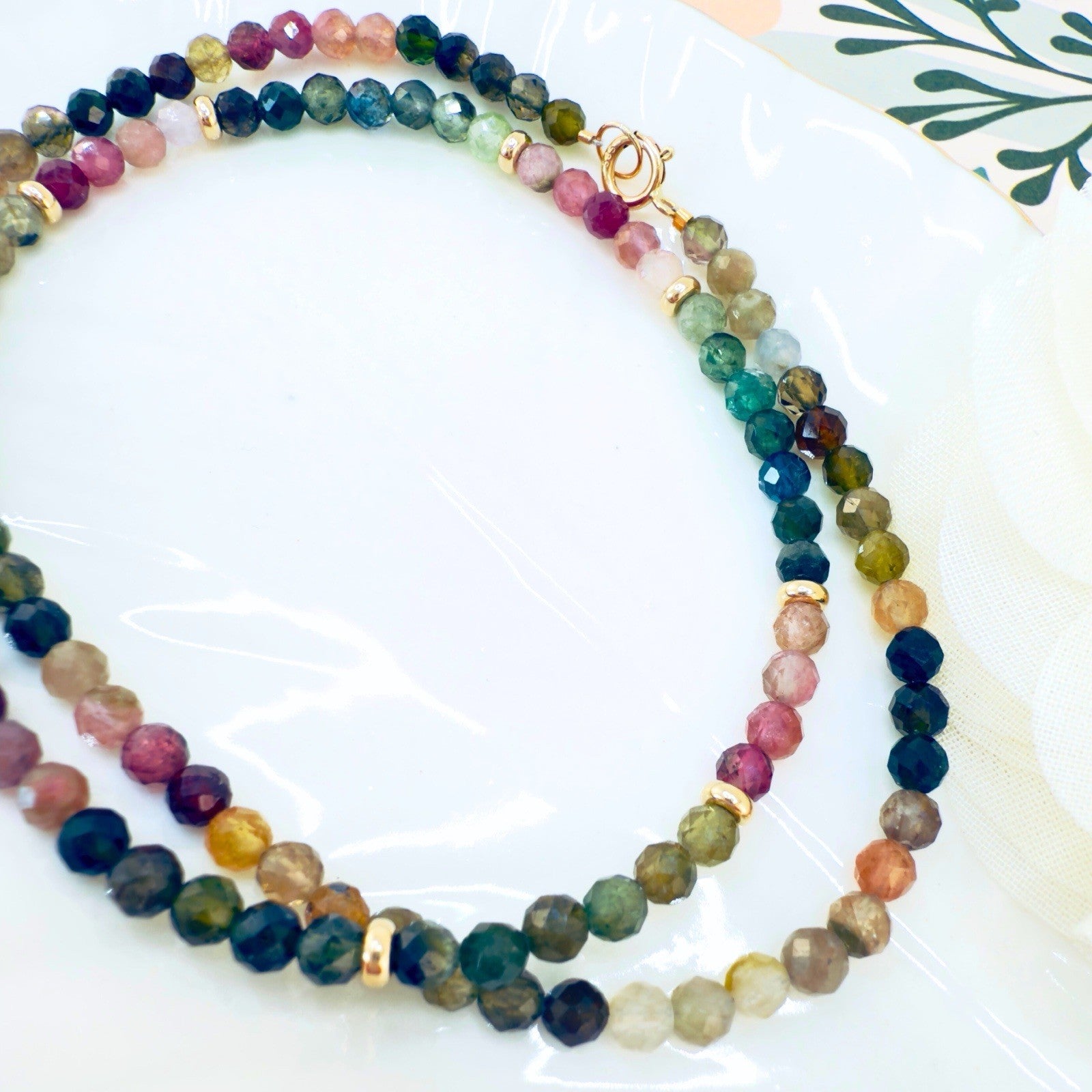 14k Yellow Gold Multicolor Tourmaline Bead Necklace, New 16"