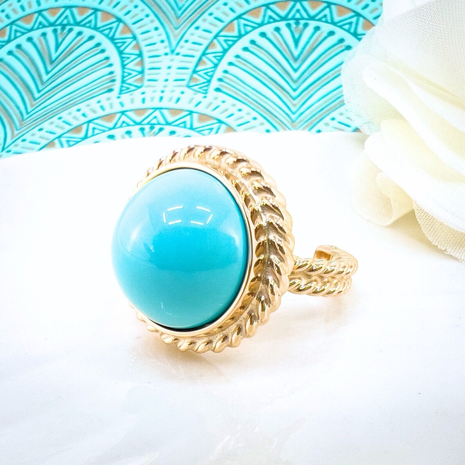 14k Yellow Gold Persian Turquoise (15mm) Handcrafted Ring, New, Size 6.75