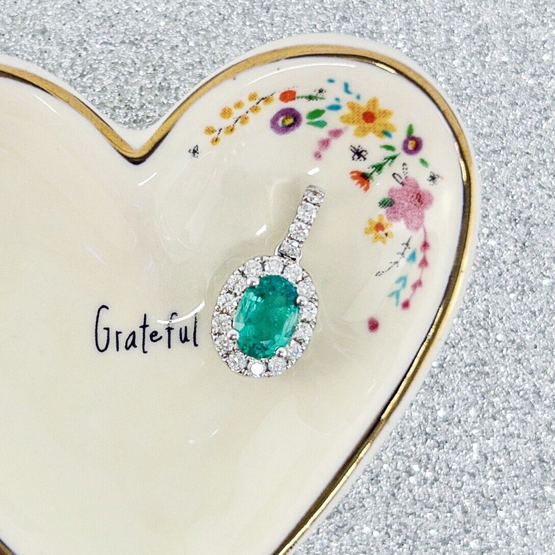 Solid 14k White Gold Genuine Colombian Emerald & Diamond Oval Pendant, New