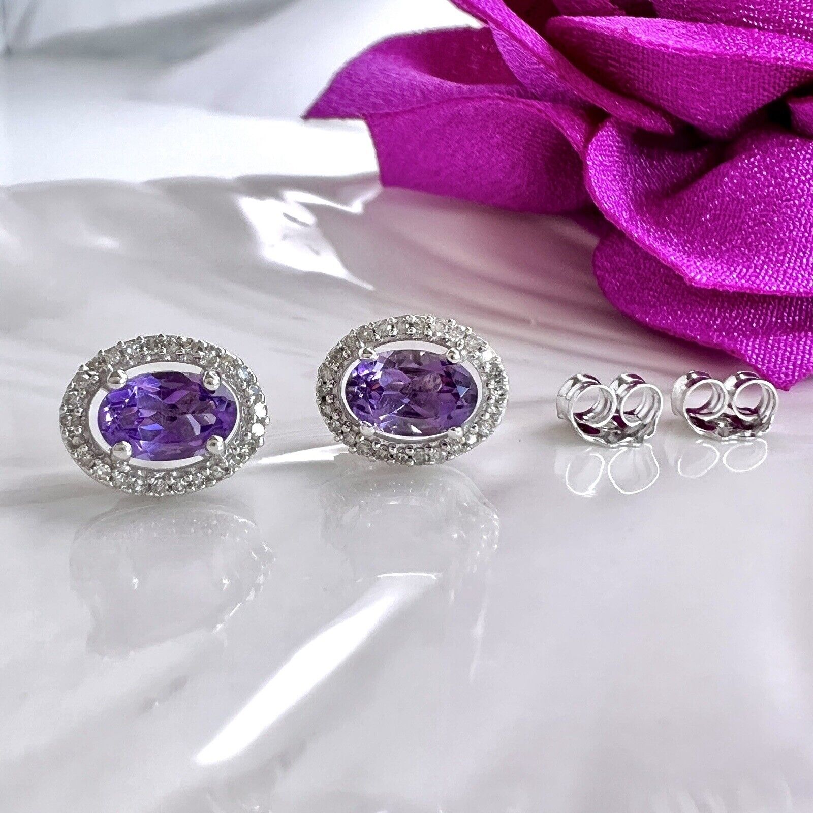 Solid 10k White Gold Genuine Amethyst & Diamond Halo Oval Stud Earrings, New