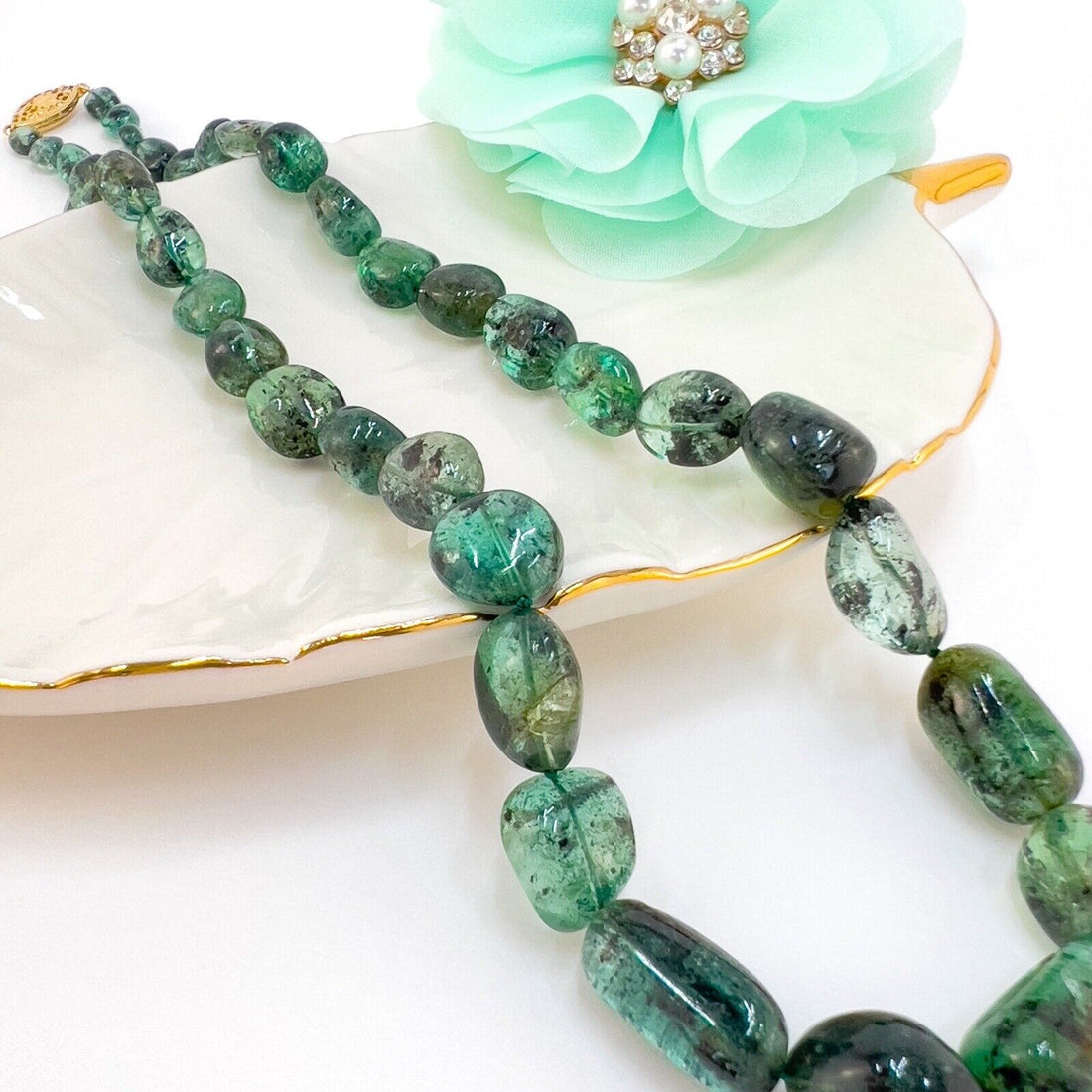 Genuine Emerald (170ct) 14k Yellow Gold Beaded Necklace, New 17.5"