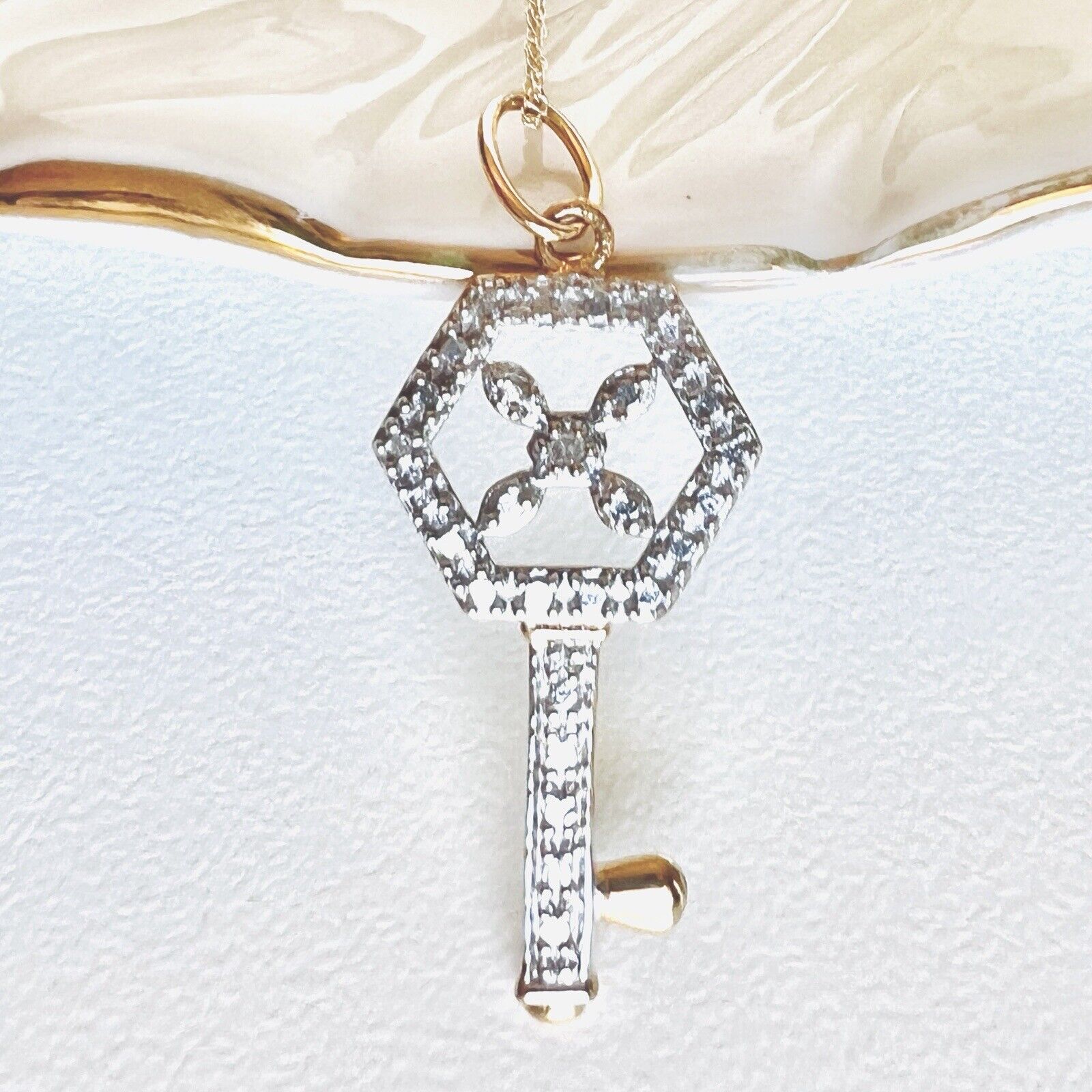 Solid 10k Yellow & White Gold & Diamond Hexagonal Skeleton Key Pendant Necklace,
