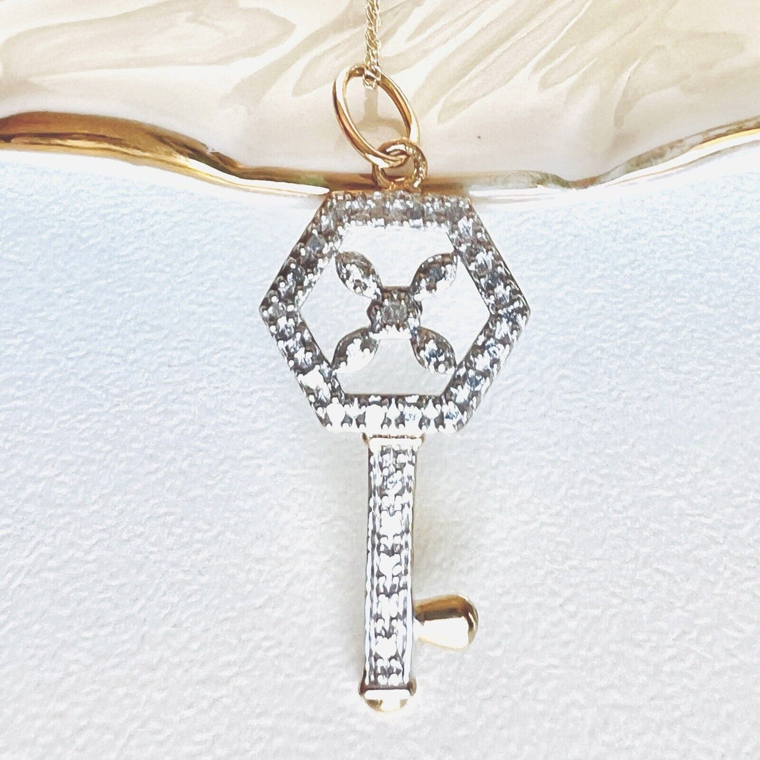 Solid 10k Yellow & White Gold & Diamond Hexagonal Skeleton Key Pendant Necklace,