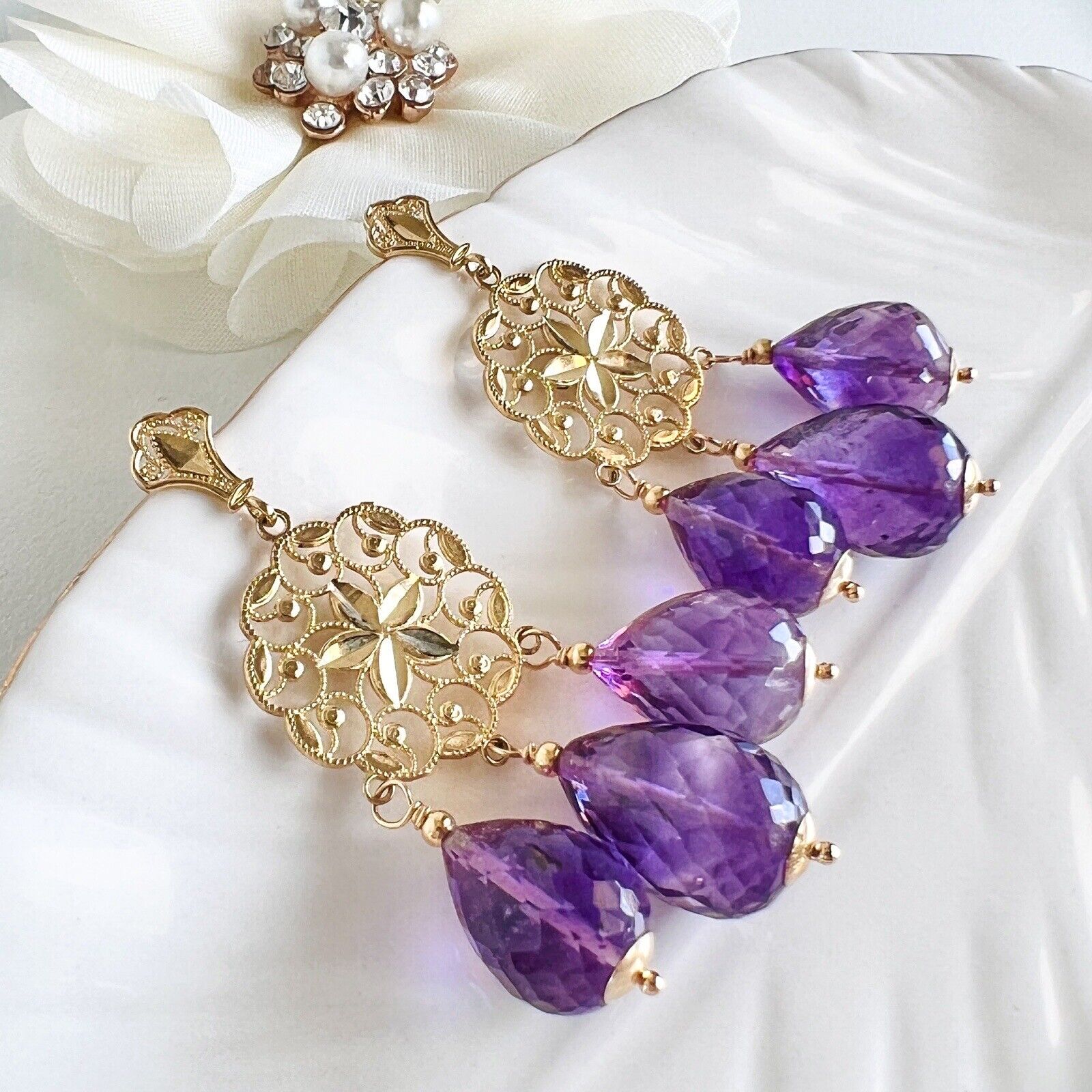 Solid 14k Yellow Gold Genuine Amethyst Briolette Chandelier Earrings, New