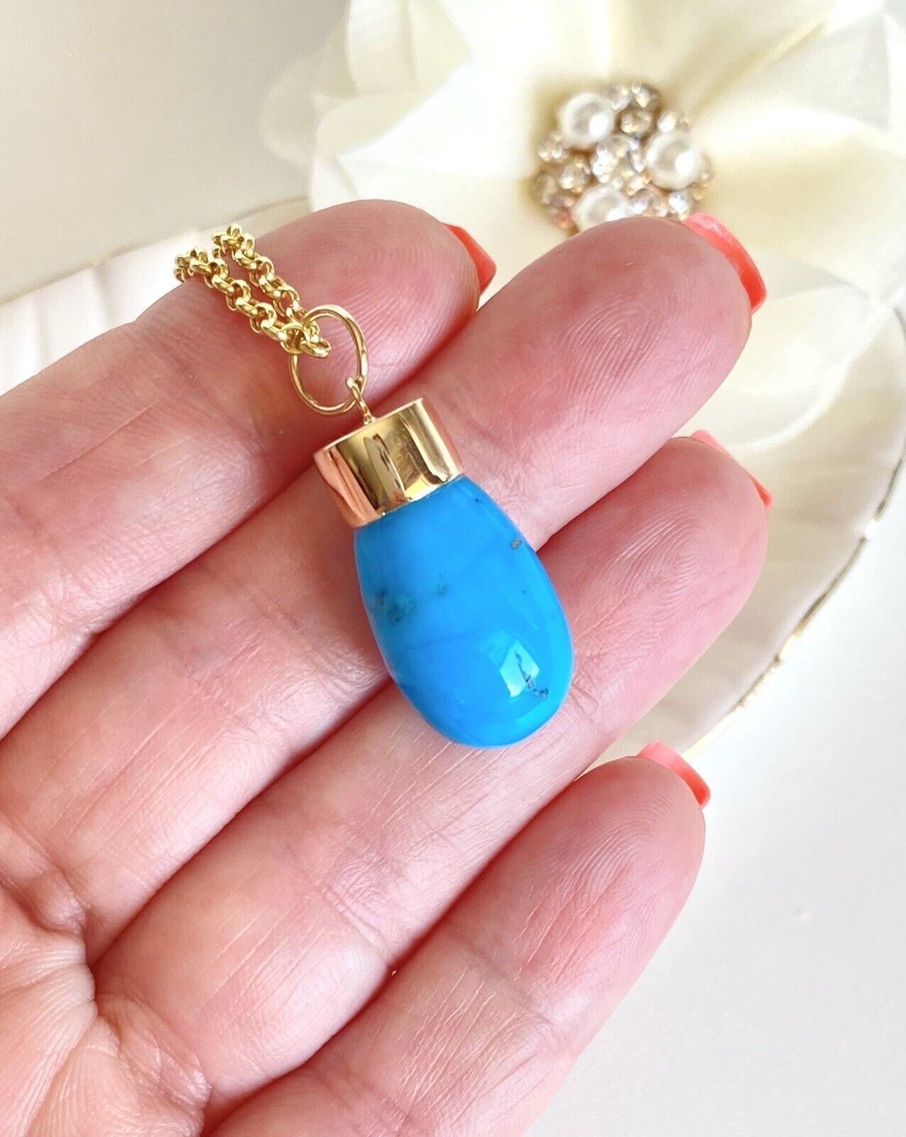 Natural Egyptian Turquoise (24ctw) & Solid 14K Yellow Gold Pendant, New 1.32" #1