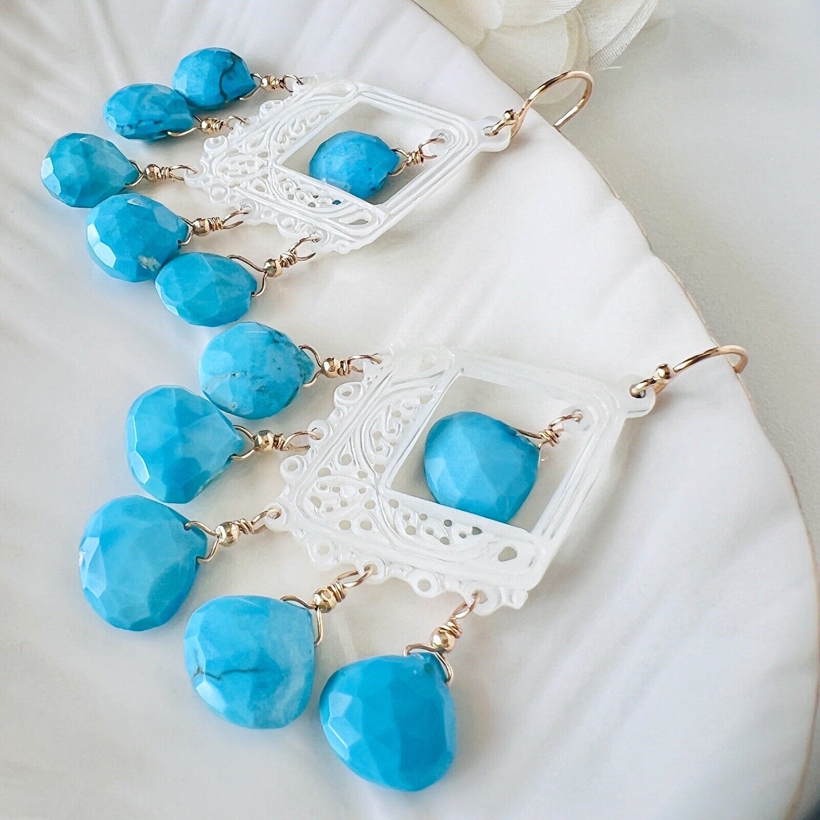 Solid 14k Yellow Gold Natural Turquoise & Mother of Pearl Chandelier Earrings