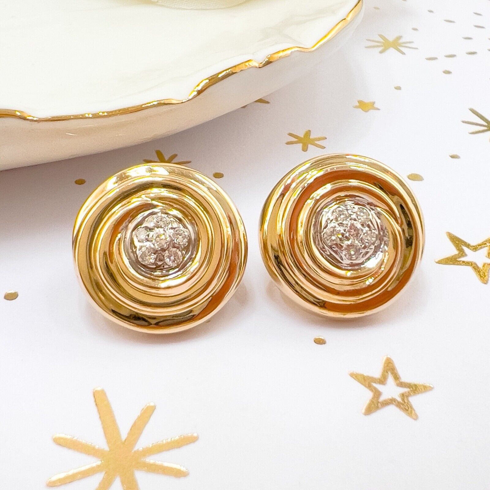 14k Yellow Gold Diamond Swirl "Button" Post & Omega Clip Earrings