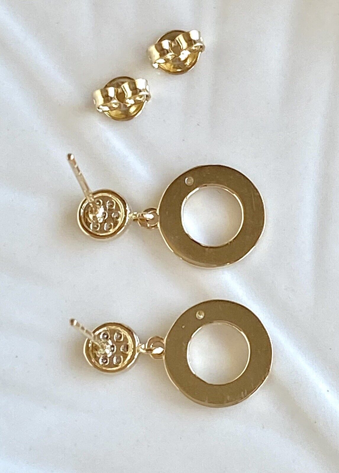 Solid 14K Yellow Gold & Cubic Zirconia Open Circle Dangle Earrings, New