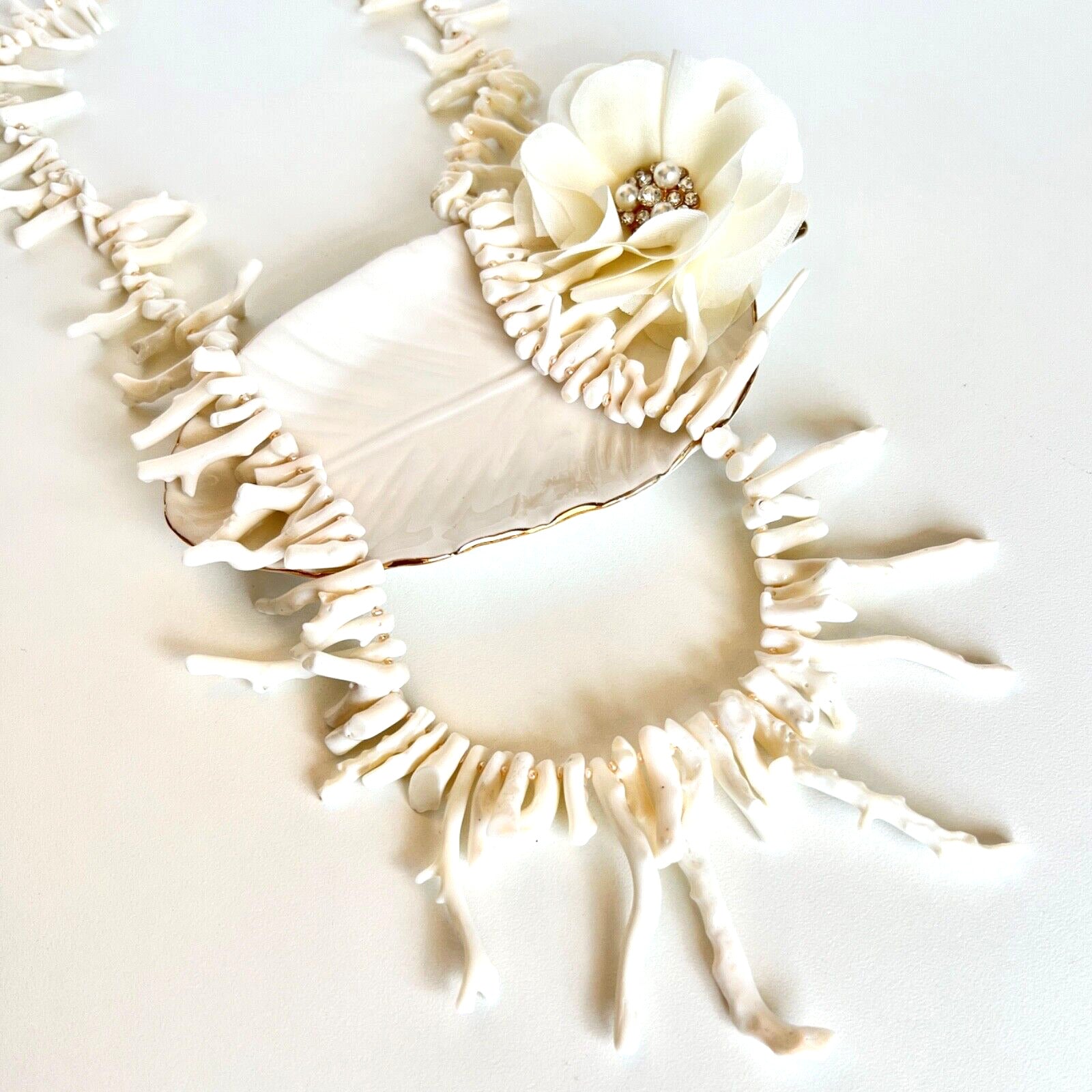 Solid 14k Yellow Gold Genuine White Branch Coral & Seed Pearl Necklace New 28.5"