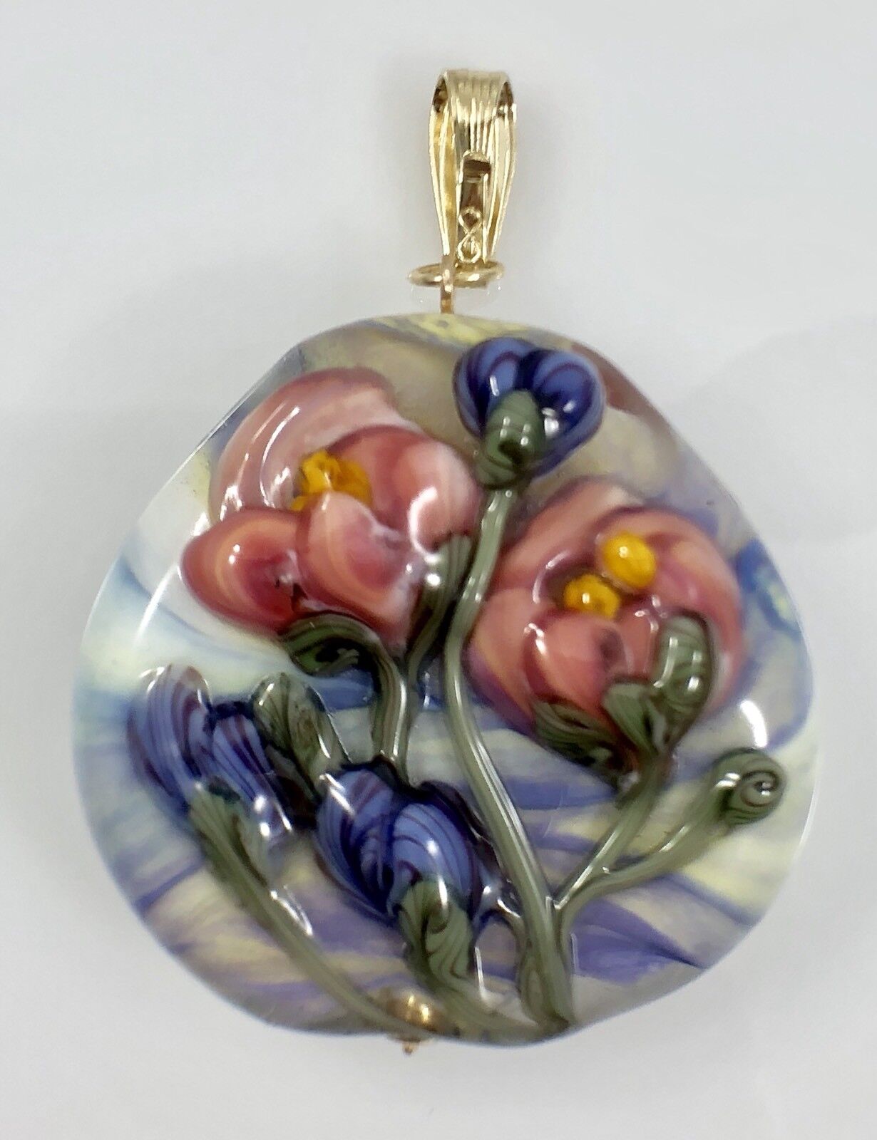 Unique Hand-Blown Glass Flower & 14k Yellow Gold Pendant, New