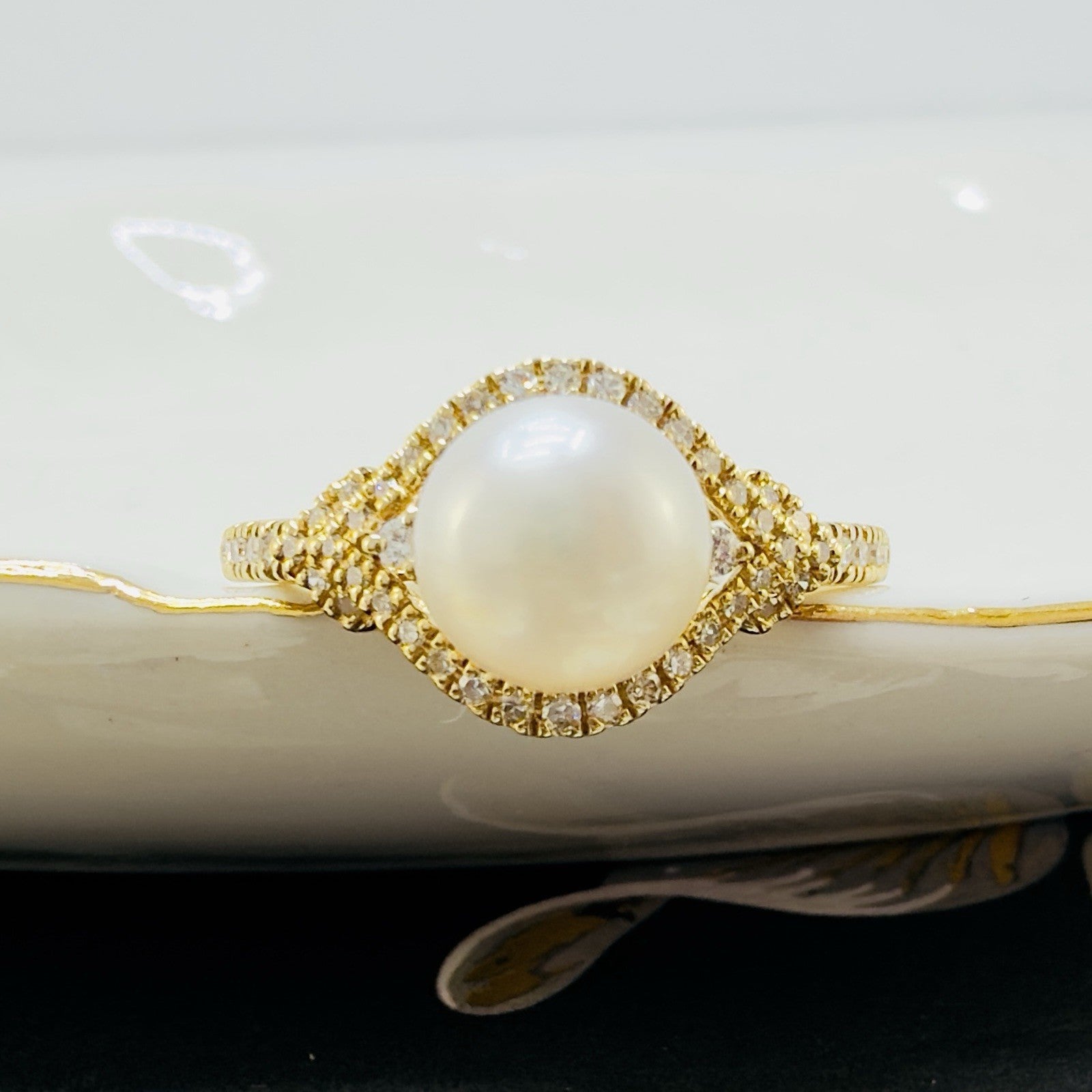 14k Yellow Gold Genuine Cultured Pearl & Diamond Halo Ring, Sz 7, New