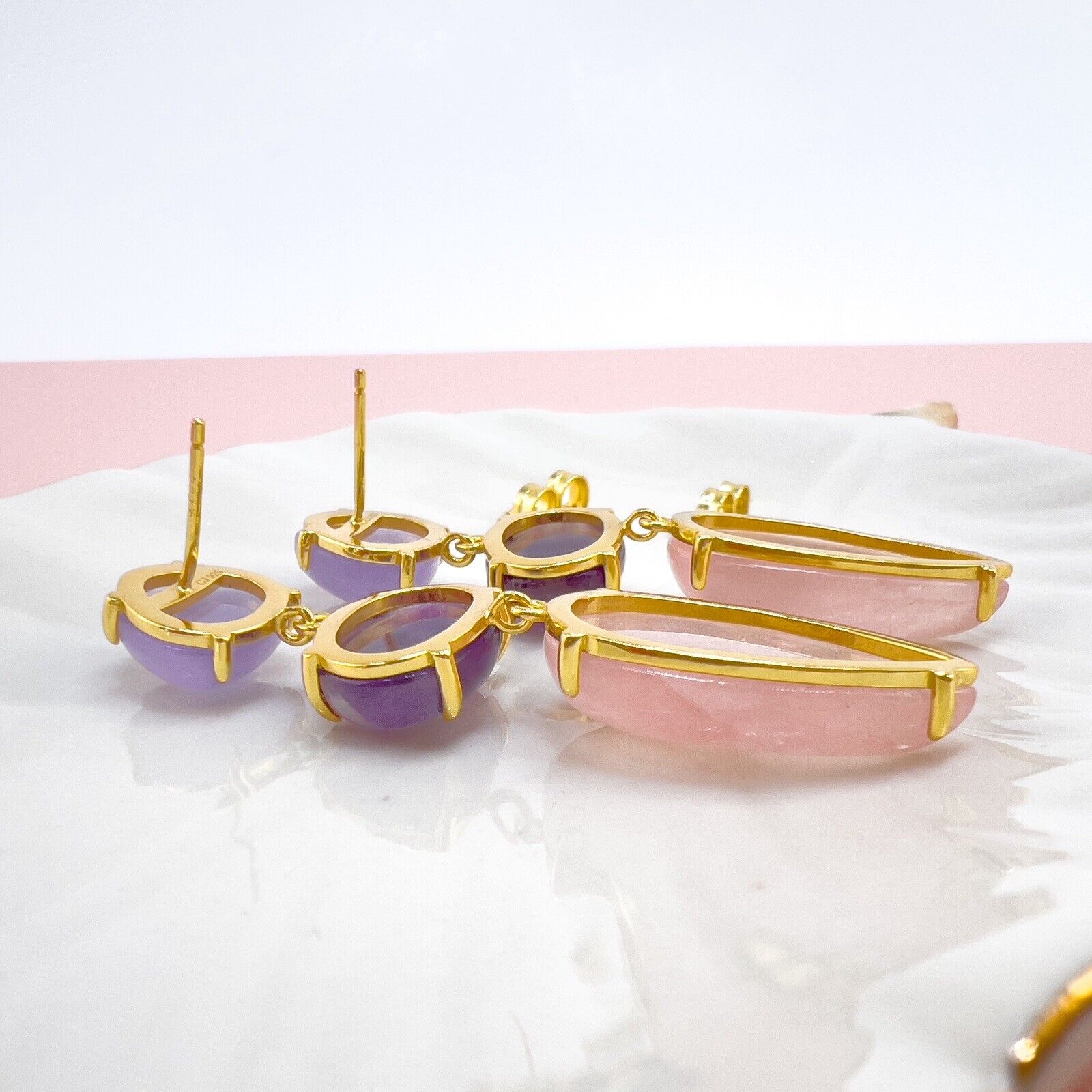 Genuine Rose-Quartz Amethyst Chalcedony Sterling Silver Vermeil Dangle Earrings