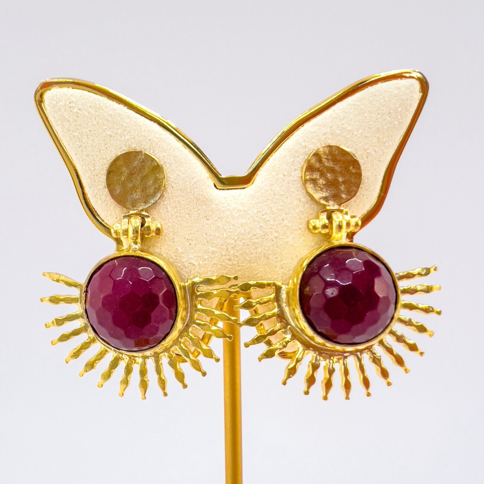 Etruscan Style Ruby Quartz Heavy Gold Plated Sunburst Dangle Earrings New 1.48"