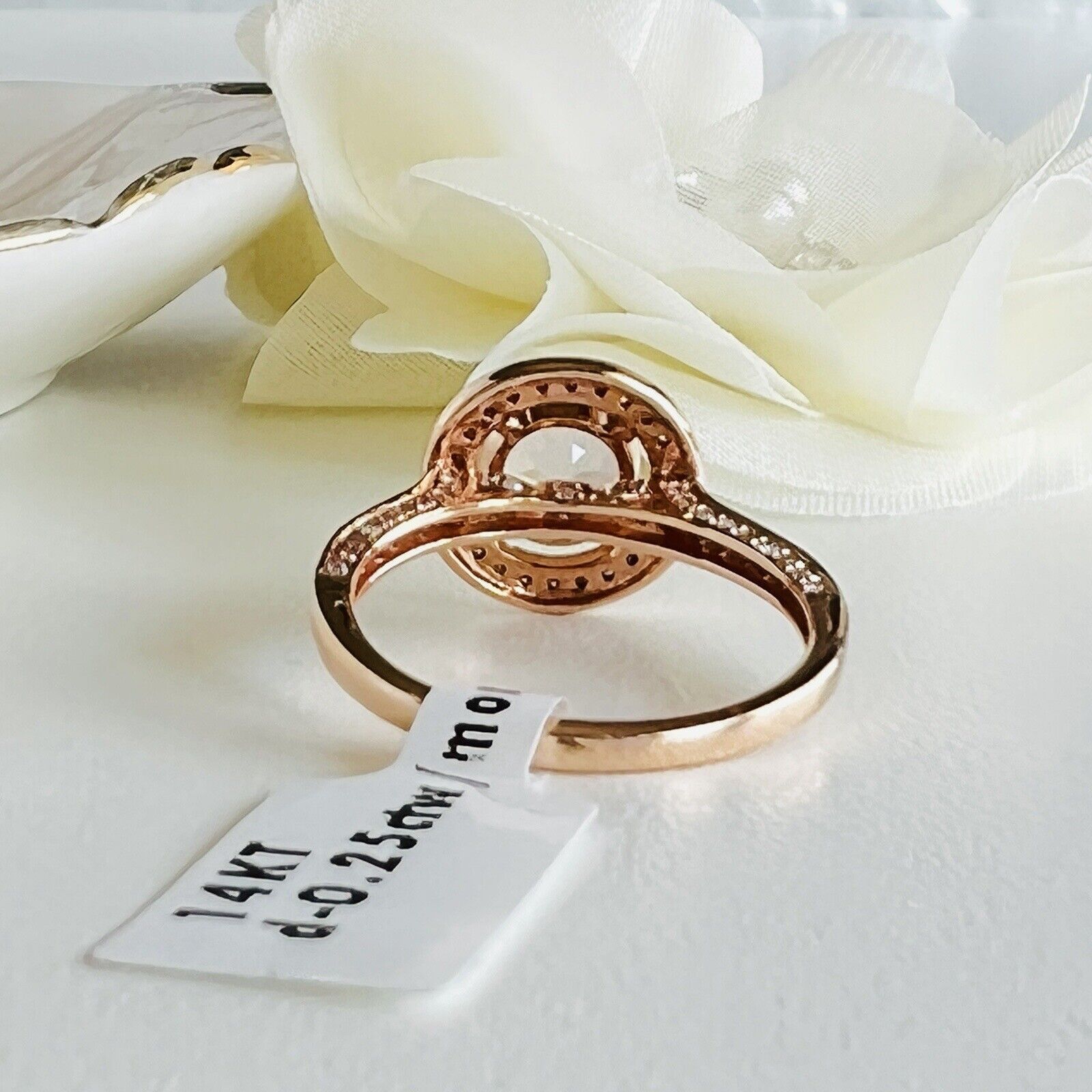 Genuine Morganite & Diamond Halo Solid 14k Rose Gold Ring, New Size 7