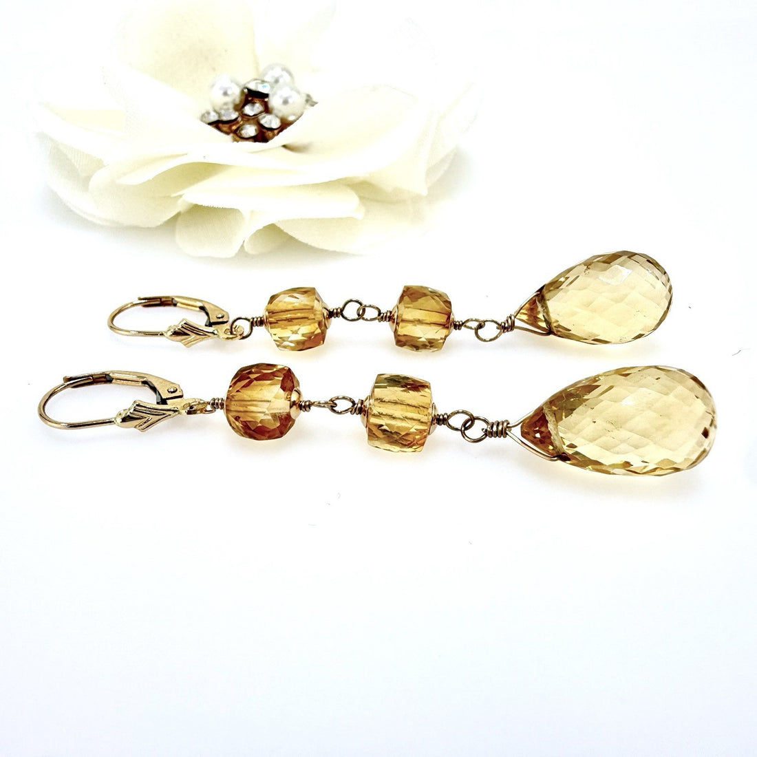 14k Yellow Gold Genuine Citrine Dangle/Drop Lever-back Earrings, 2.5"