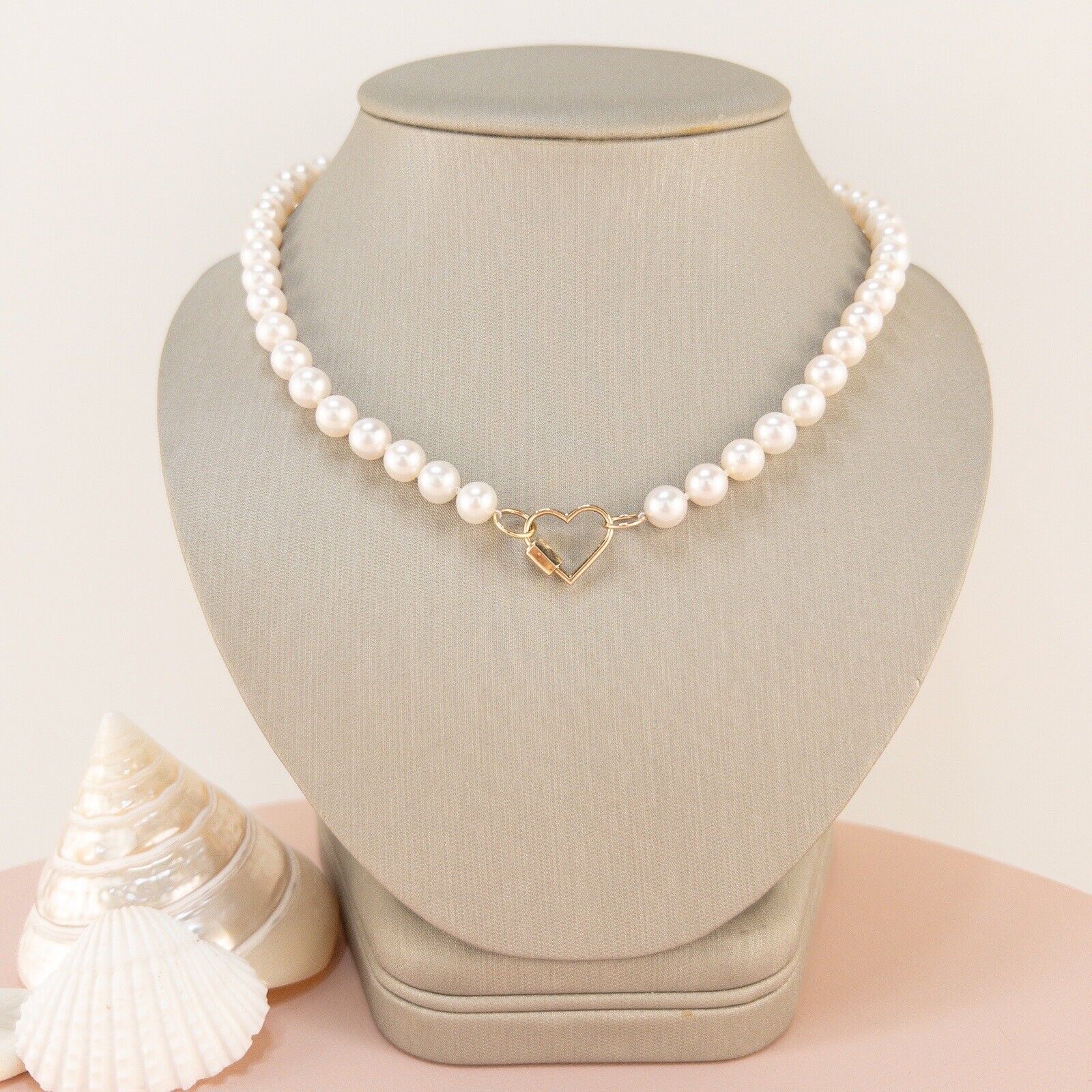 Genuine 7.5-8mm Cultured Pearl Solid 14k Yellow Gold Heart Necklace, New 16.5”