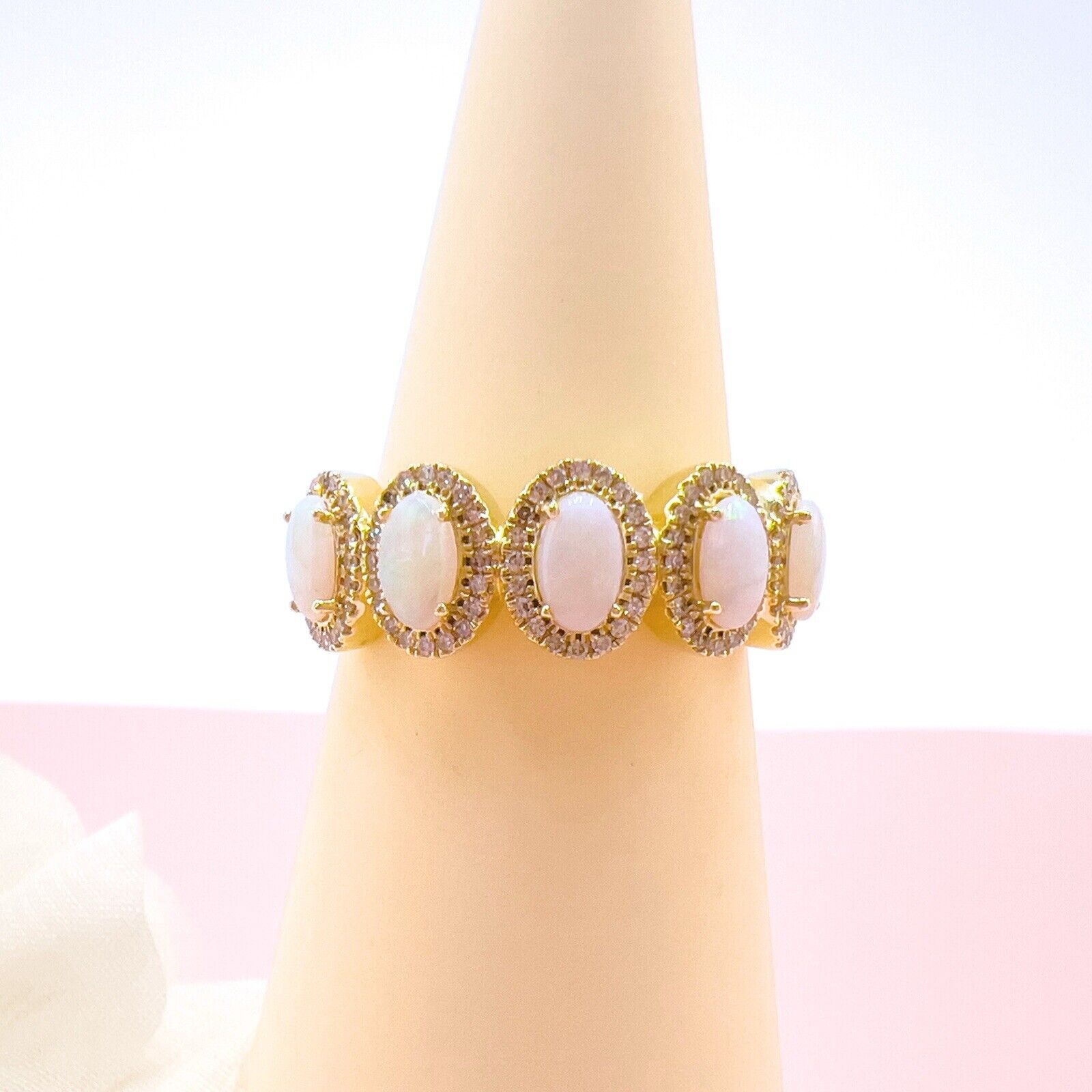 Solid 10k Yellow Gold Genuine Opal & Diamond Ring, New Size 7