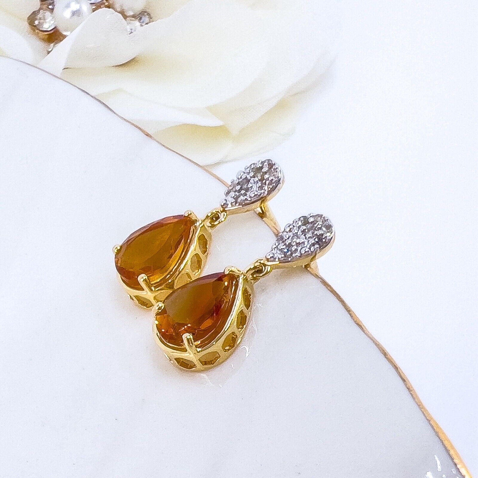 Genuine Citrine & Diamond Solid 10k Yellow Gold Dangle/Drop Earrings