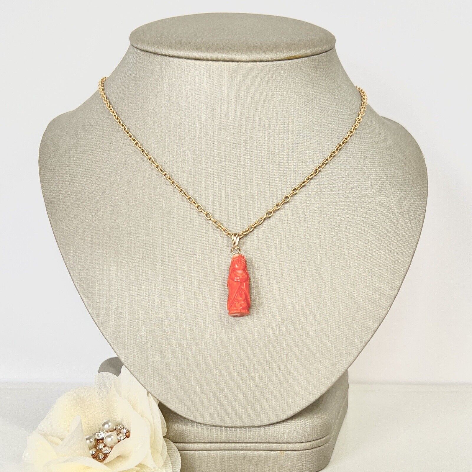 Natural Dark Salmon Guanyin (13.6ct) Solid 14k Yellow Gold Pedant, New