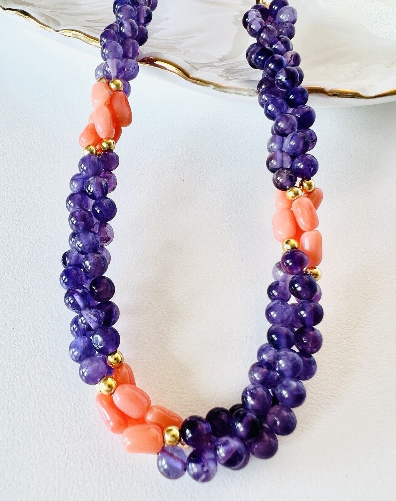 Vintage Beautiful Genuine Salmon Coral & Amethyst Woven Rope Necklace 18 inches