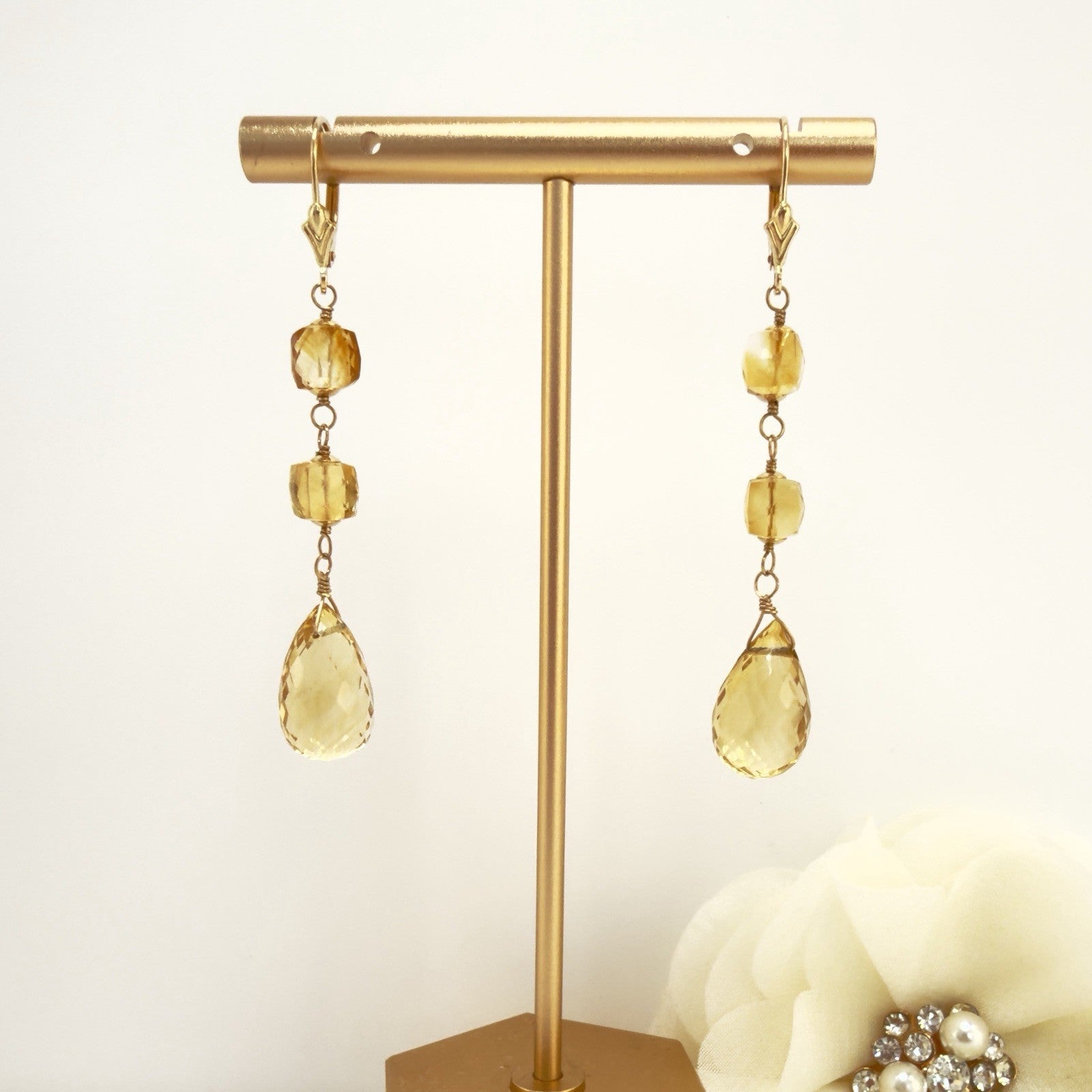 14k Yellow Gold Genuine Citrine Dangle/Drop Lever-back Earrings, 2.5"