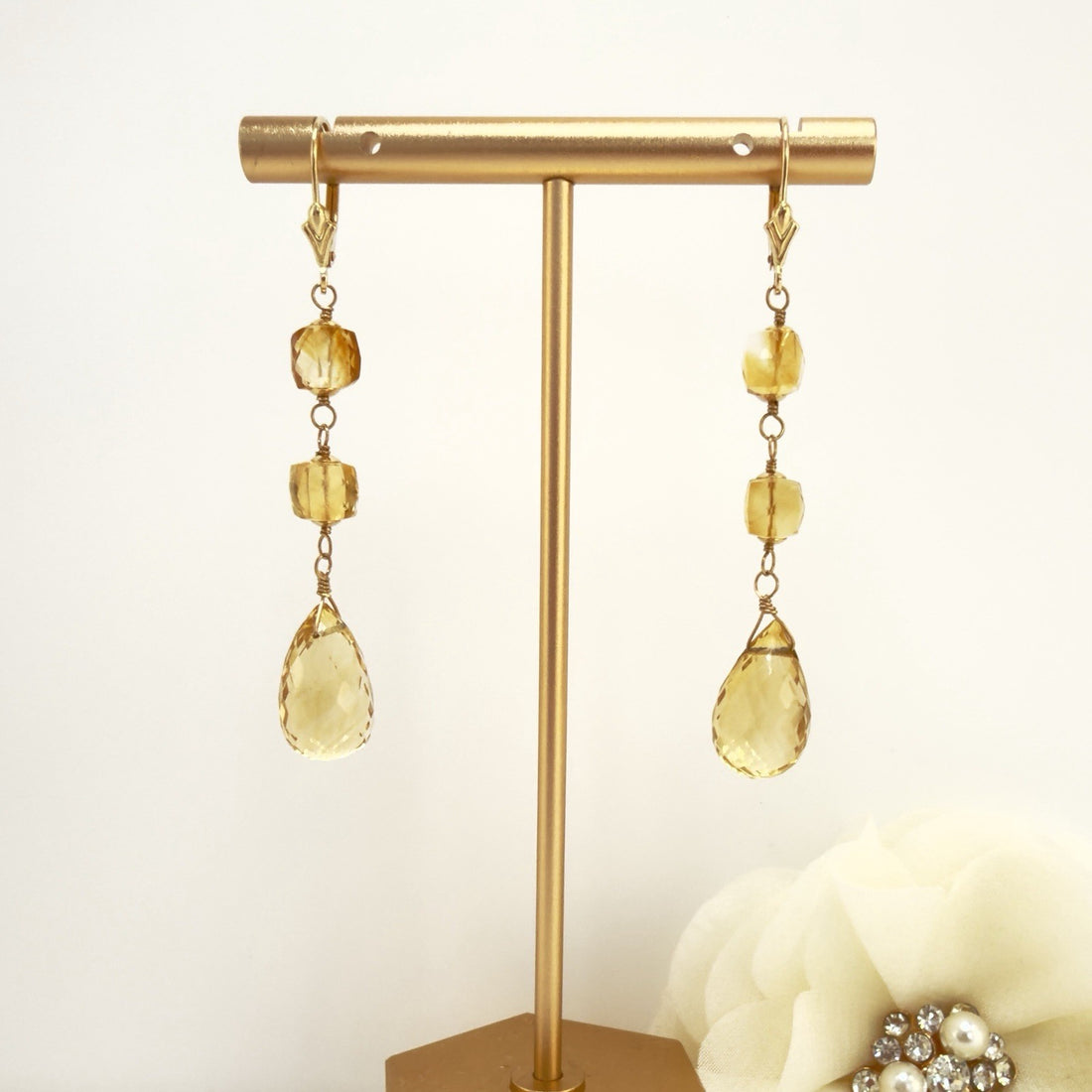 14k Yellow Gold Genuine Citrine Dangle/Drop Lever-back Earrings, 2.5"