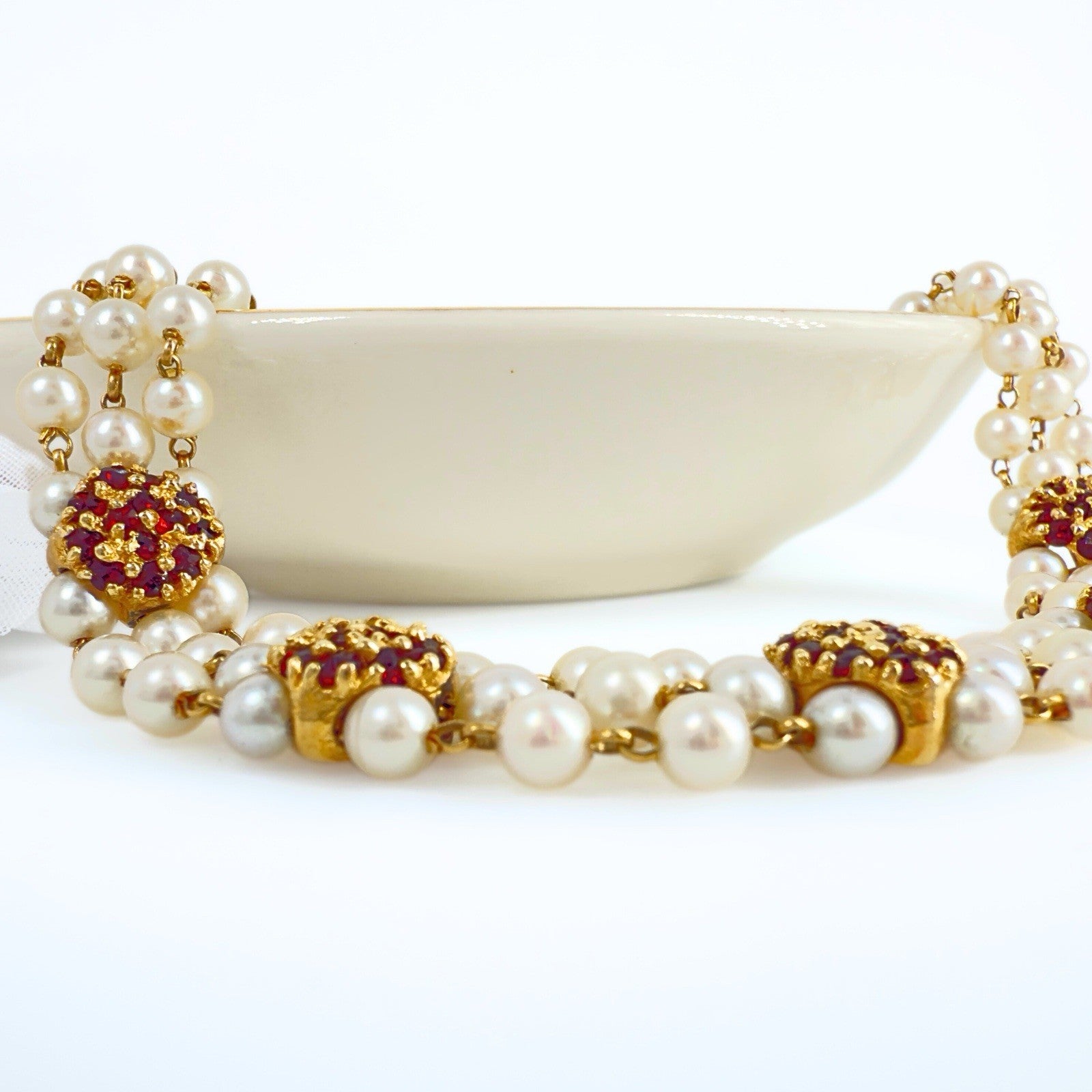 14k Gold Vintage Akoya Pearl 3-Row Bracelet & Garnet Slide Bracelet Charms
