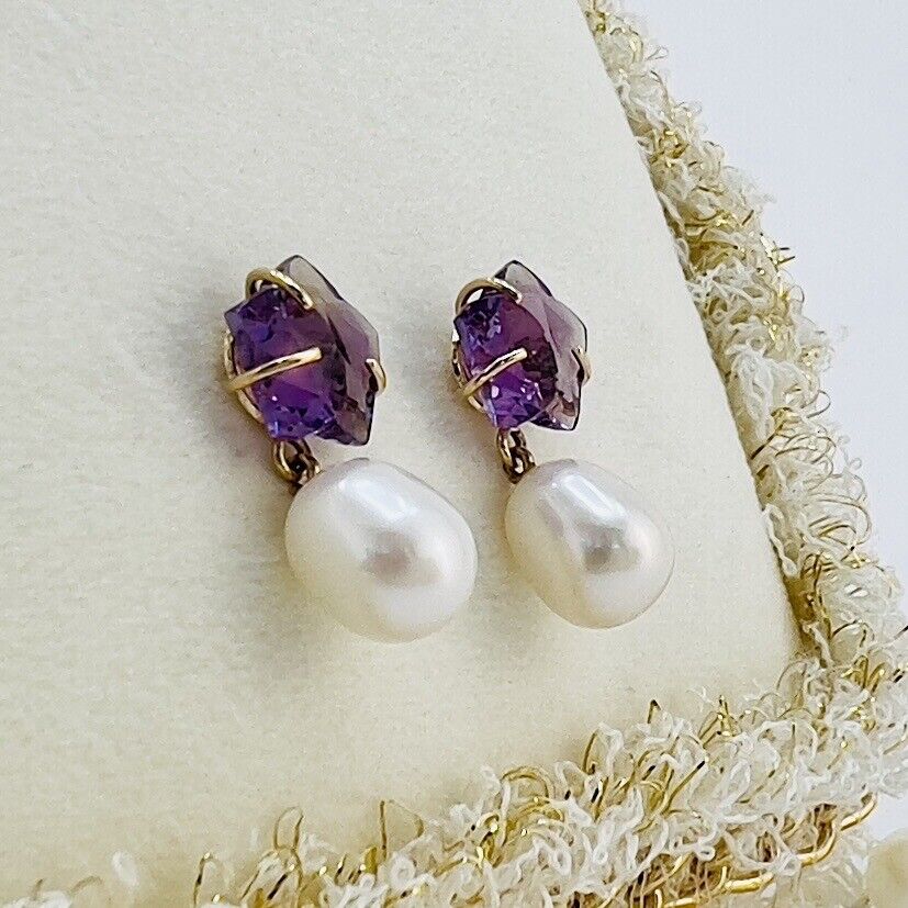 Solid 14k Yellow Gold Genuine Amethyst Star & Pearl Dangle/Drop Earrings, New
