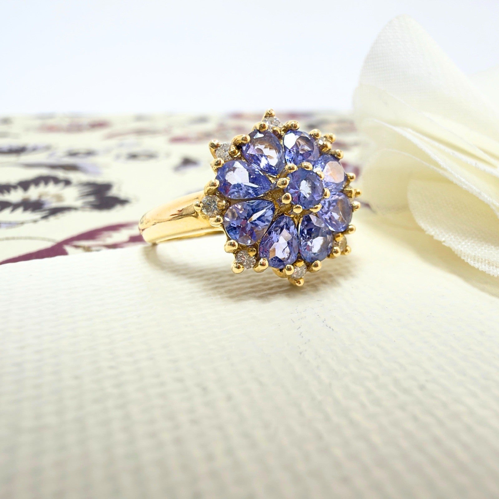 14k Yellow Gold Tanzanite &Diamond Rosette Ring, Size 6