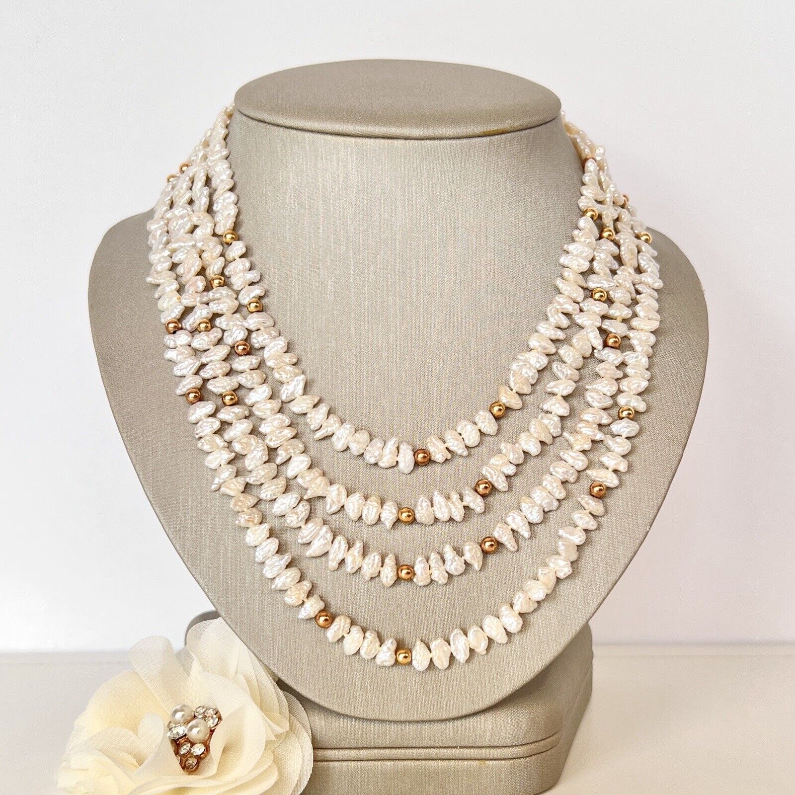 Vintage Unique 72” Freshwater Pearls & Solid 14k Yellow Gold Beaded Endless Neck