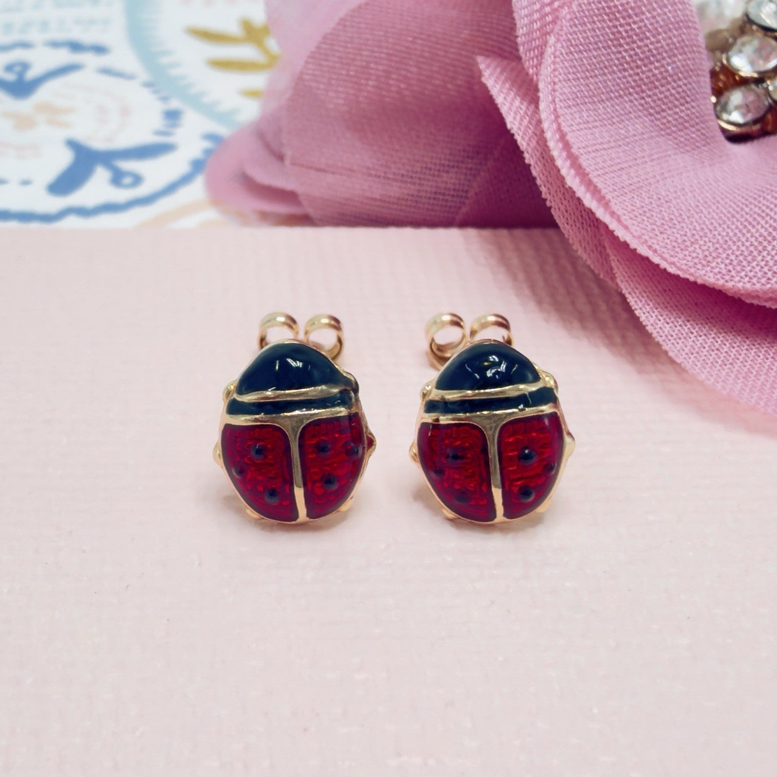 14k Yellow Gold Ladybug Enamel-Work Stud Earrings, New